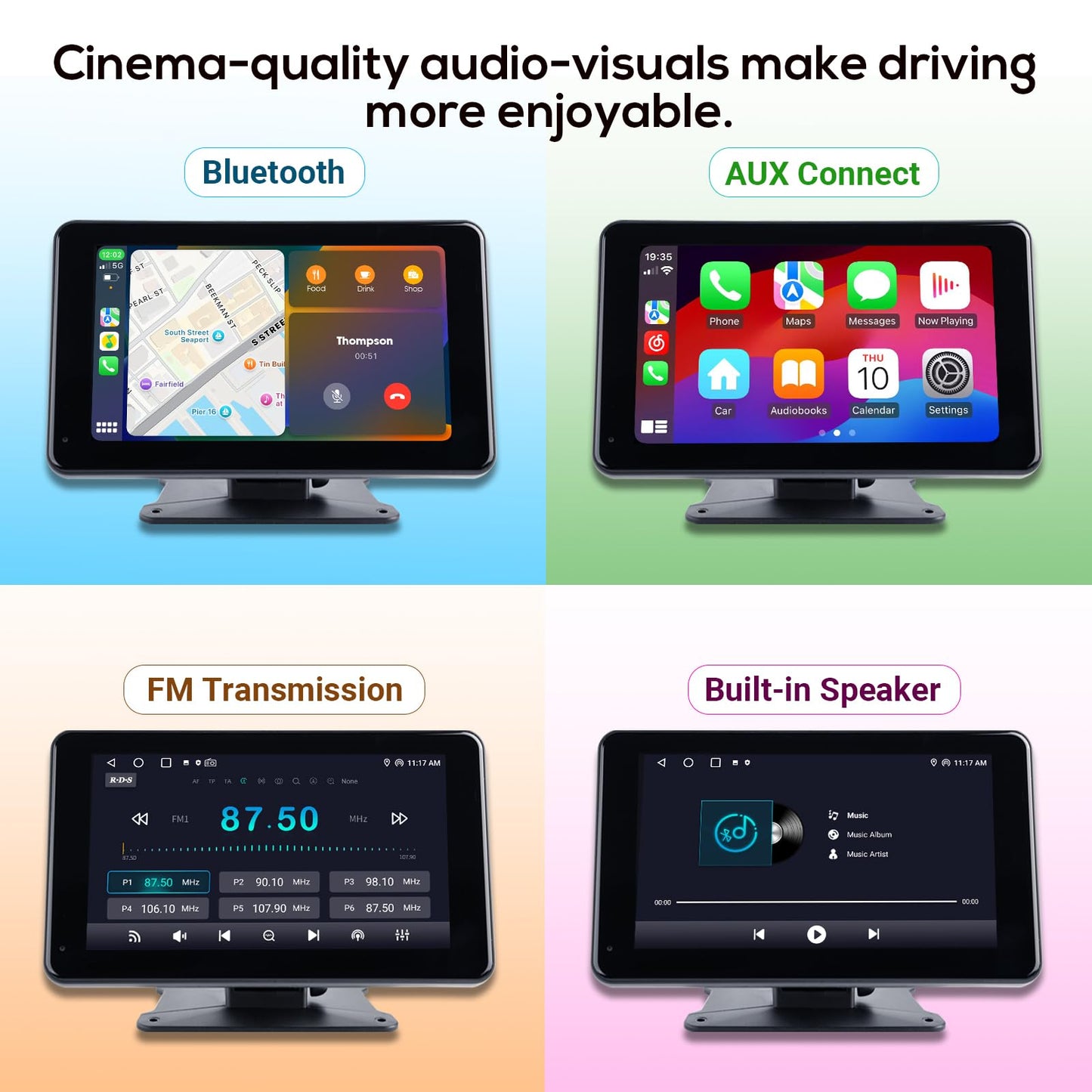visualización portátil inalámbrica Carplay para Coche, 7 Pulgadas estéreo de Coche inalámbrico Carplay y Android Auto, cámara de Respaldo 1080p, receptores de Audio del Coche, navegación GPS