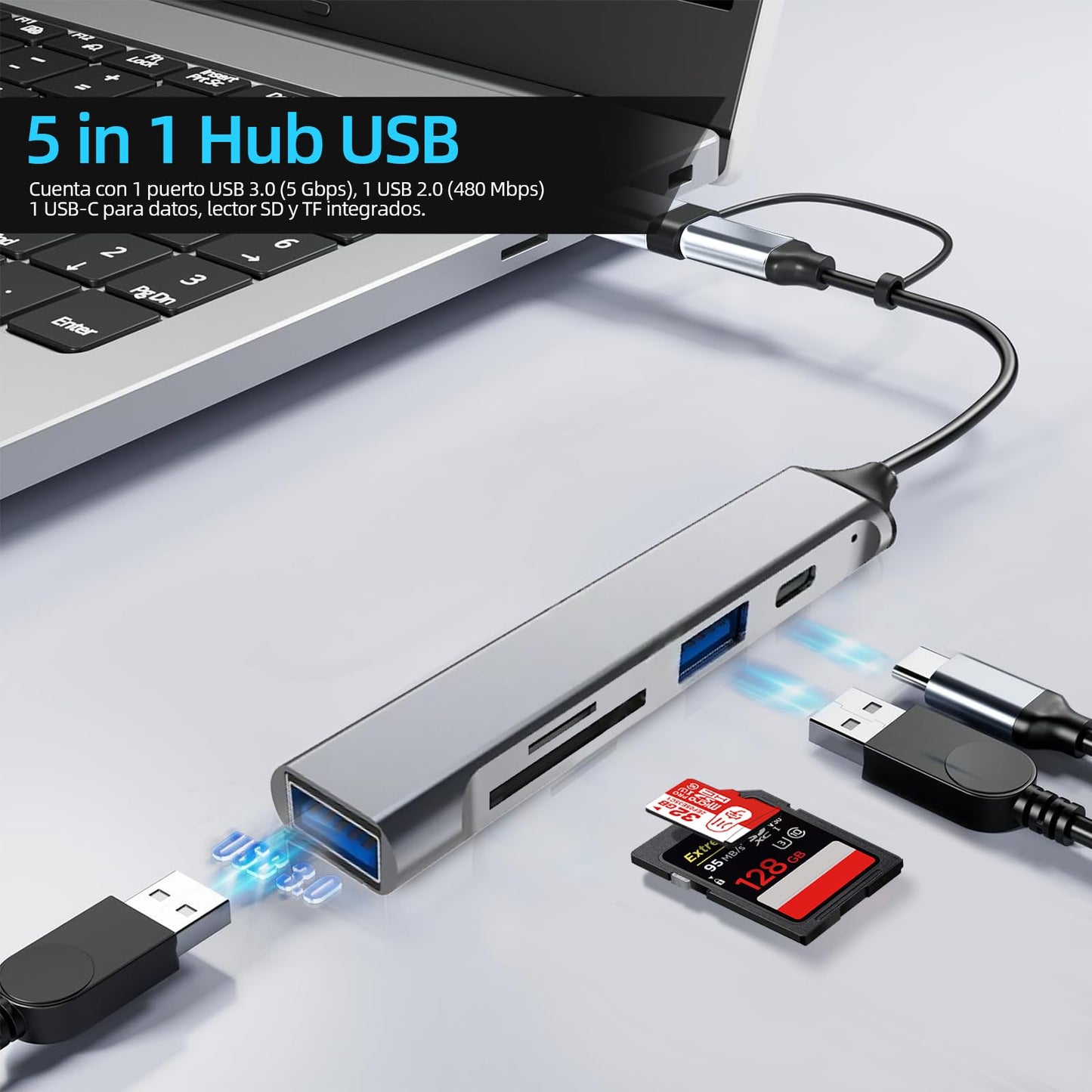 JUGLUTE USB C Hub, 5 en 1 Adaptador USB C Multipuerto Aluminio a Tarjetas SD/MicroSD, USB 3.0 y 2.0, PD Carga Compatible Hub USB con MacBook M1 M2 Pro Air iPad iPhone 16 Galaxy S24