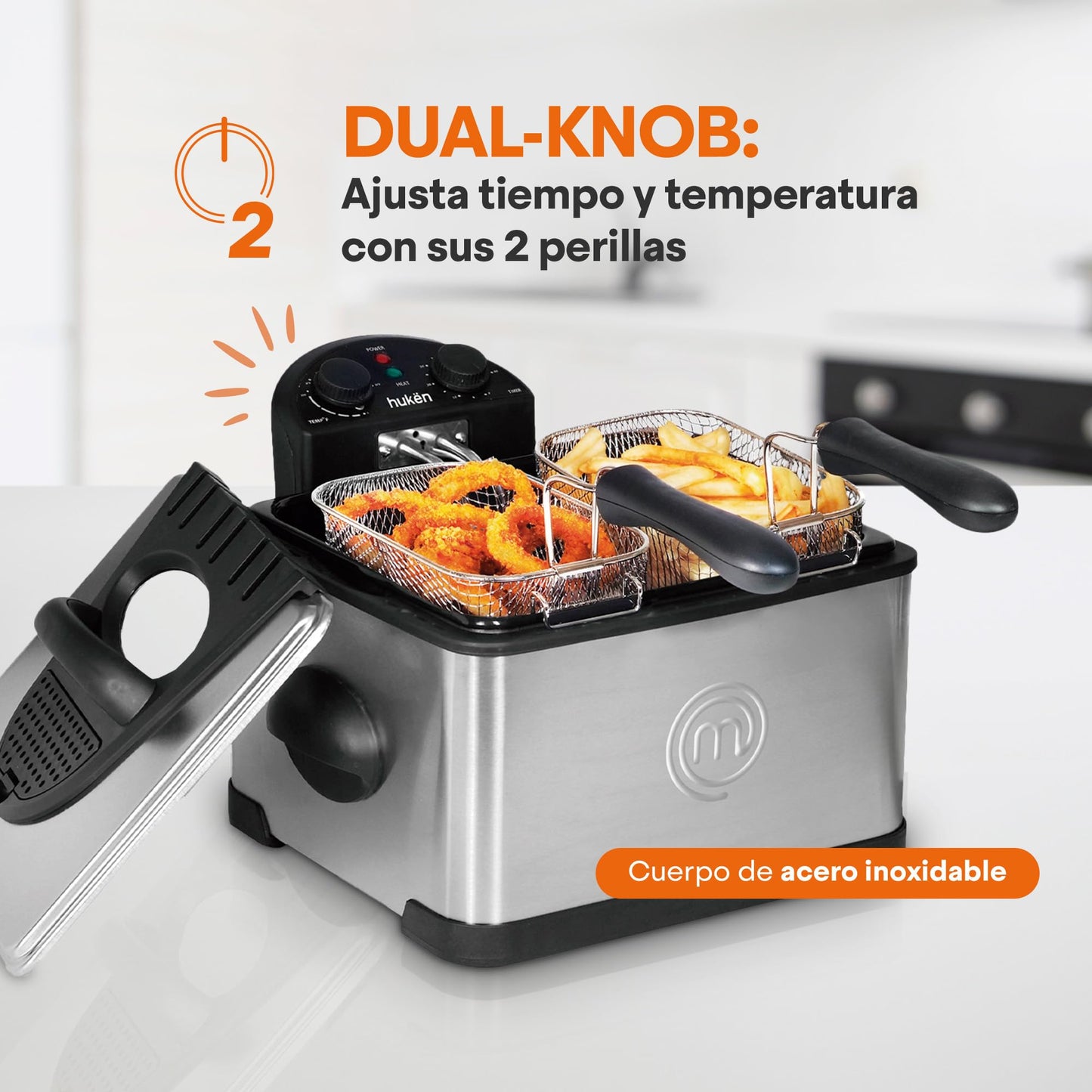 Hukën x MasterChef | Freidora de Aceite | Flash-Fry XL | Triple Basket | Capacidad 4 litros | Acero Inoxidable | Canastillas Removibles e intercambiables | 1700 W | MK-DF-4SSV2
