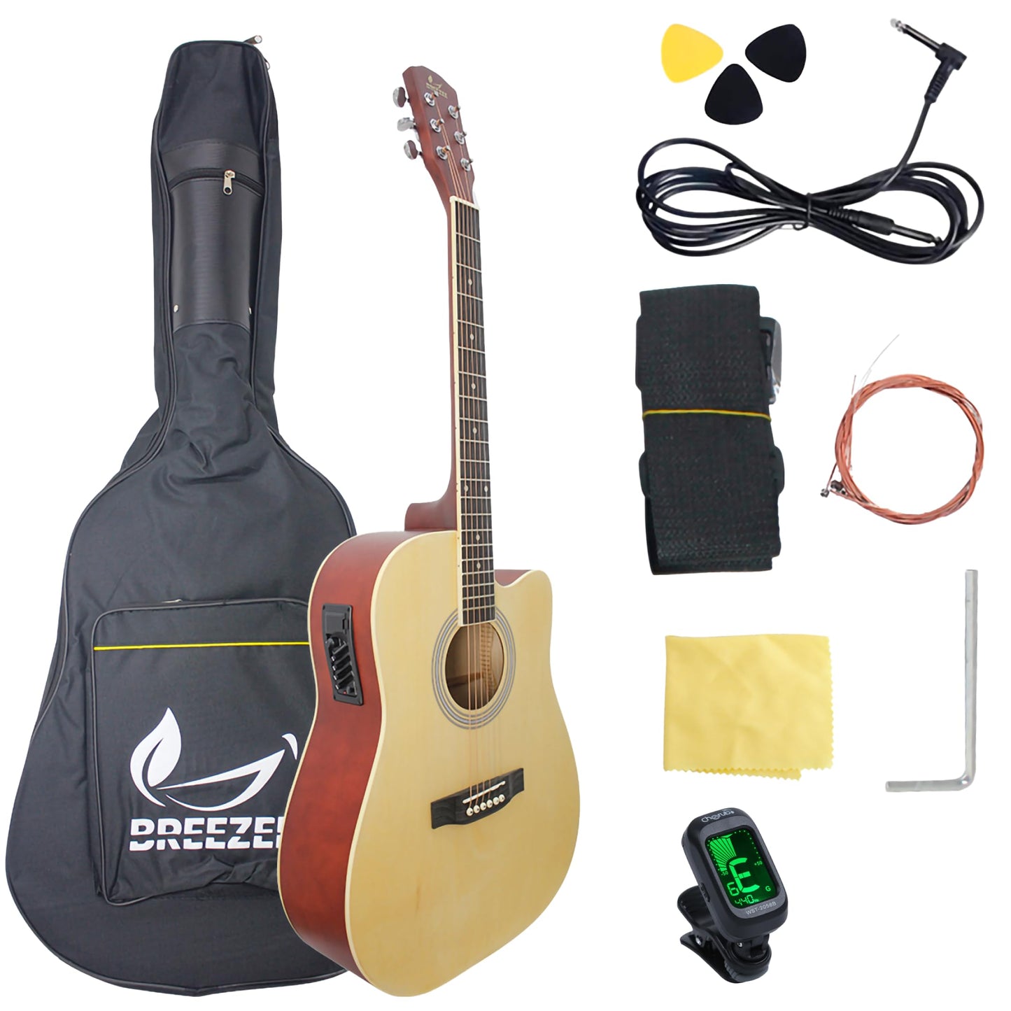 BREEZEE Guitarra Electroacústica de 41 Pulgadas con Cuerdas de Metal, Ecualizador de 4 Bandas, Incluye Funda, Afinador, Cuerdas Extra, Cable Auxiliar y Más, Guitarra Para Expertos Y Principiantes