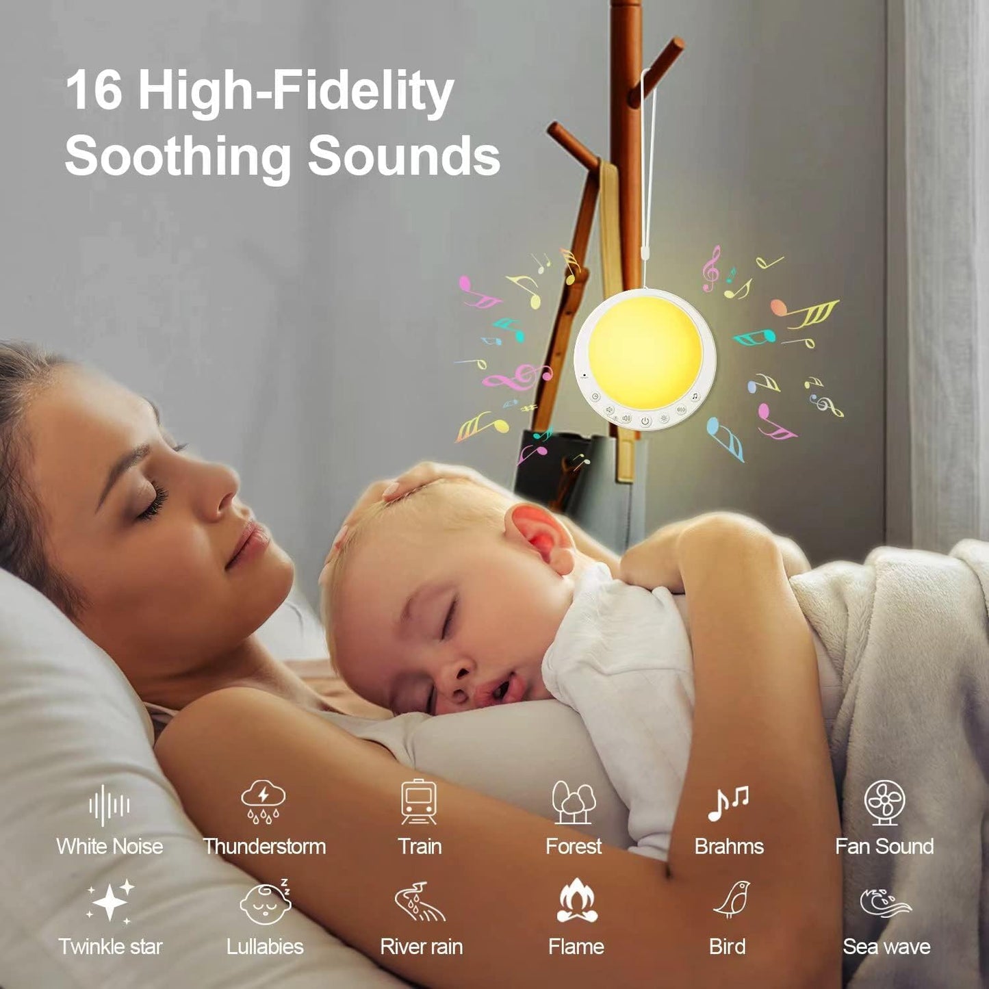 HoaBoly Máquina De Ruido Blanco Para Bebés, Máquina De Sonido Portátil Con Luz Nocturna, 16 Sonidos Relajantes Y Función De Memoria, Clip Seguro Para Bebés Y Bloqueo Para Niños, Recargable Por Usb Par