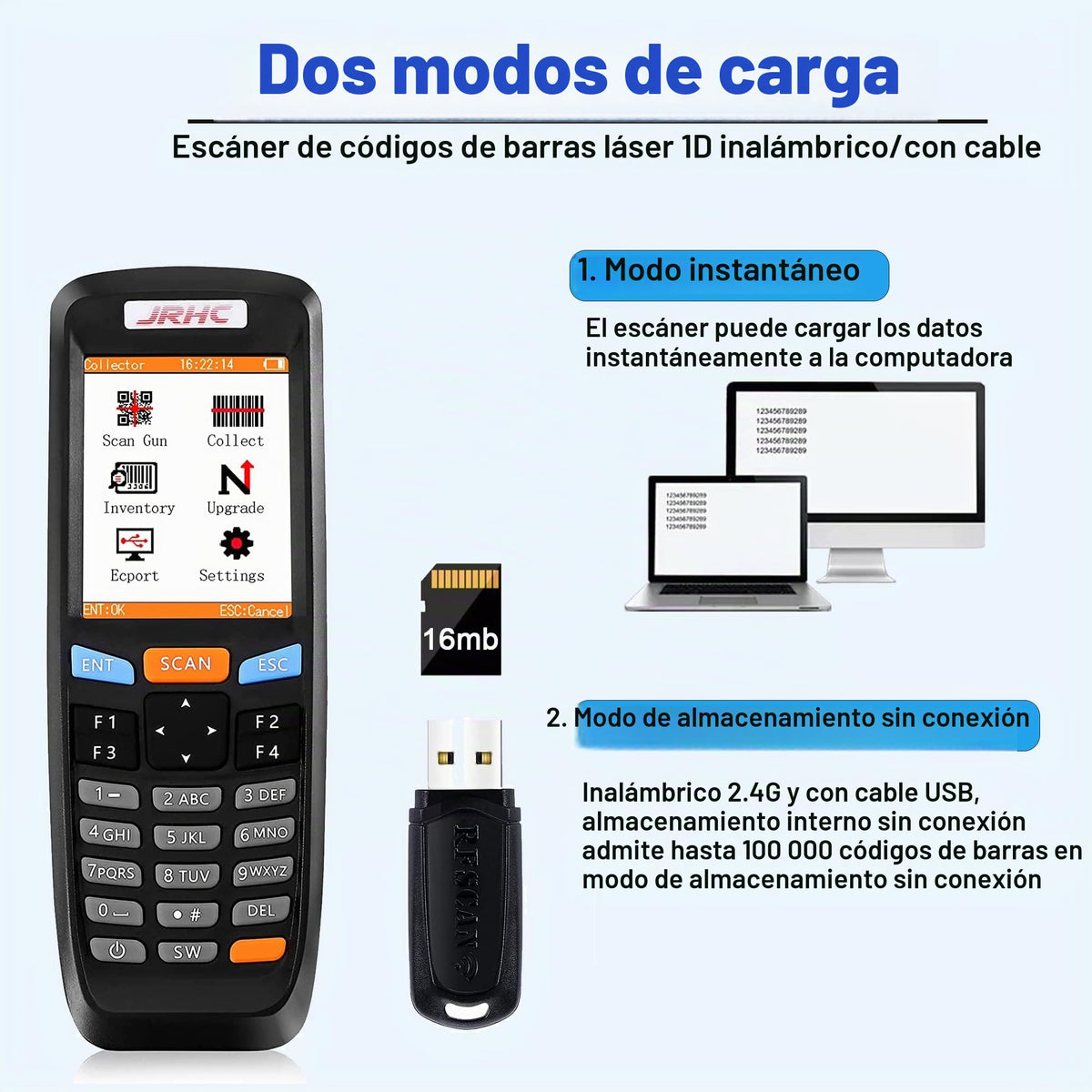 Escáner de Código de Barras 1D JRHC Inalámbrico con Recolector de Datos de Visualización para Tienda