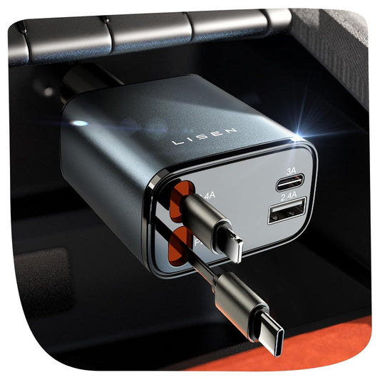 LISEN 69W Cargador para Auto Retráctil [USB 4 en 1] Accesorios para Auto iPhone16 Cargador de Car Carga Rapida, Accesorios iPhone, Compatible con iPhone 16/15/14/13/12, Galaxy S25/S24 Ultra, Xiaomi