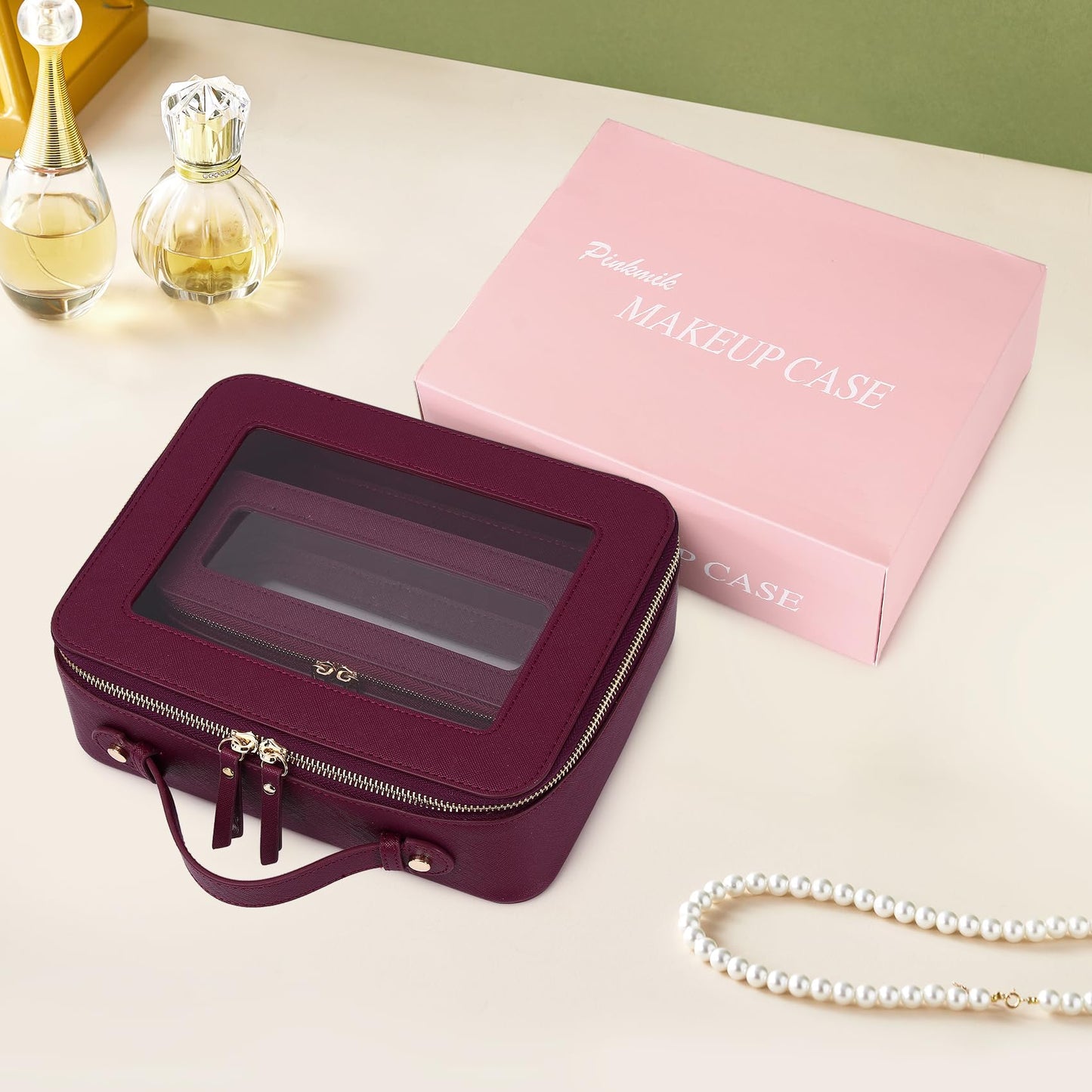 Pinkmik - Bolsa de maquillaje transparente con bolsa para brochas, 2 unidades, impermeable, para cosméticos y artículos de cambiador, organizador de cosméticos para mujer con cierre, X/Borgoña, L+SLIM