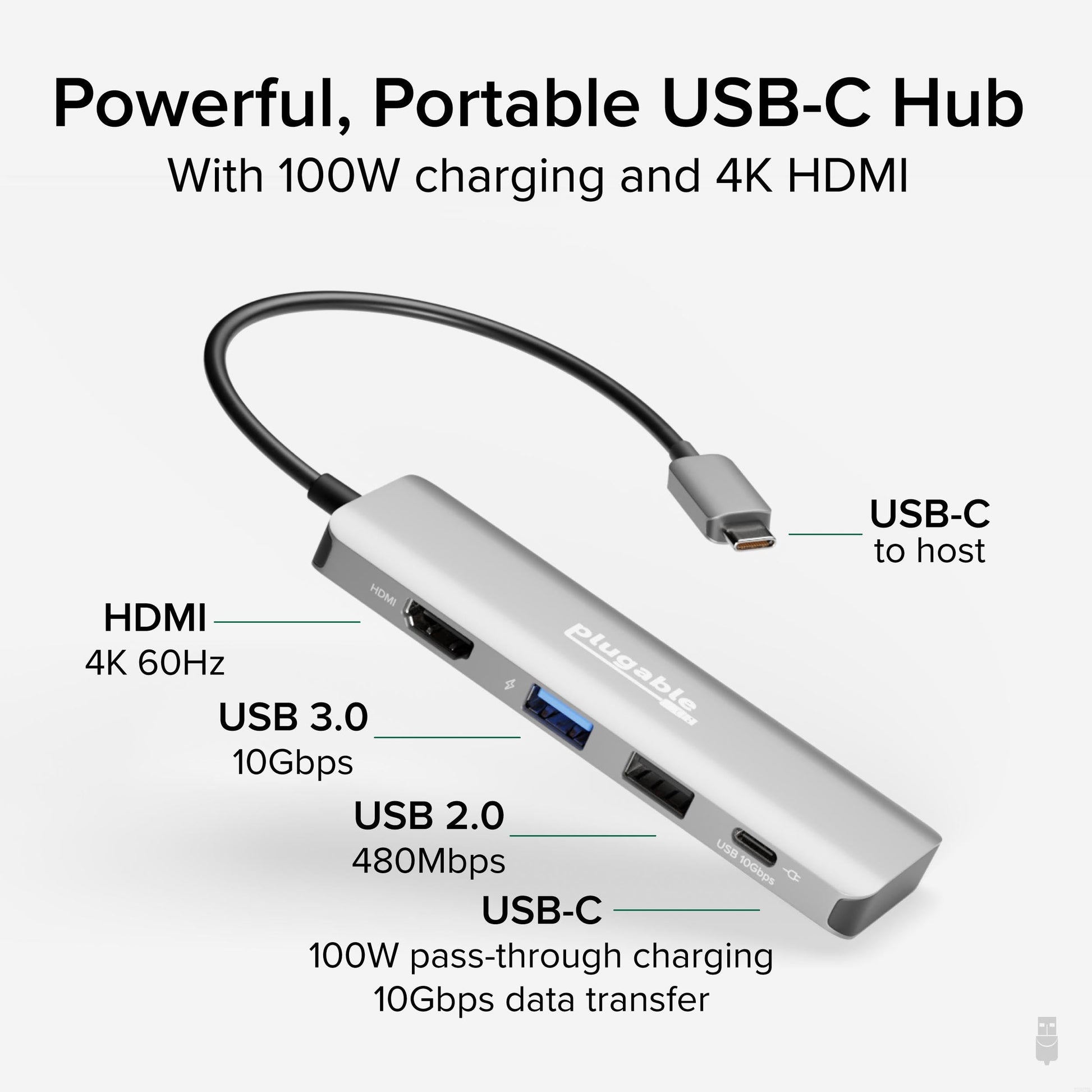 Adaptador Multipuerto USB C Plugable 100W Carga de Paso HDMI 4K 60Hz para Windows, Mac, iPad Pro y Chromebook