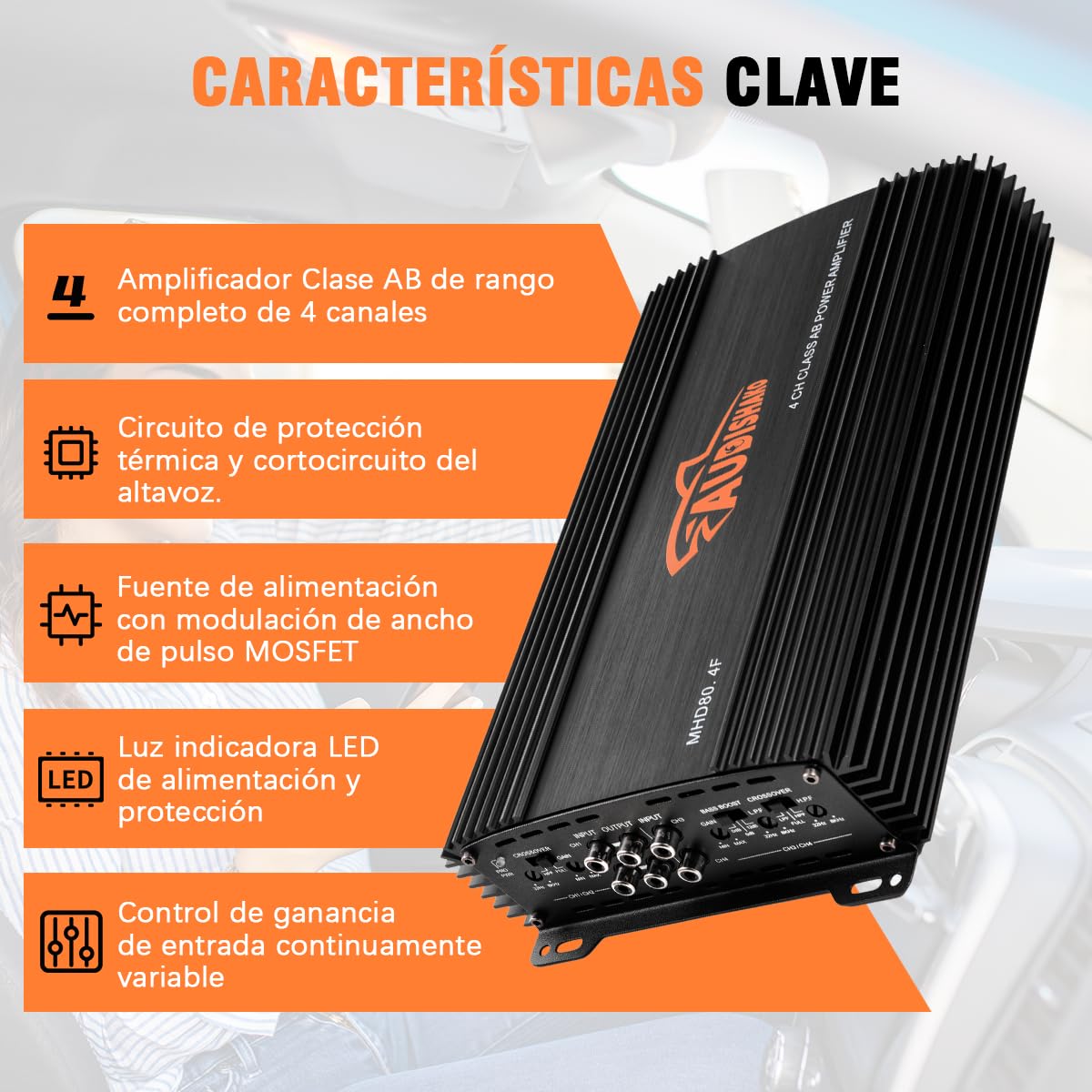 AUDISHAKO 1200W Amplificador de Audio para Coche de 4 Canales,Amplificador para Auto de Clase A/B, 2 Ohm 160W x 4 Canales, Coches Deportivos y Otros Sistemas de Audio para Coche