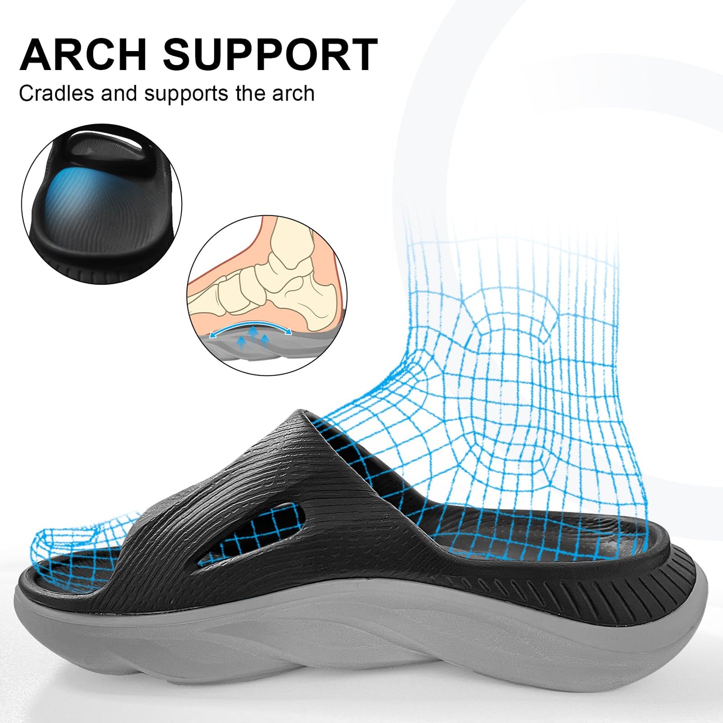 AnyuTech Sandalias de recuperación con soporte de arco, ortopédicas de cojín grueso para mujer, para fascitis plantar, ligeras, cómodas, para hombre, para interiores y exteriores, Negro Gris, 25.5 cm