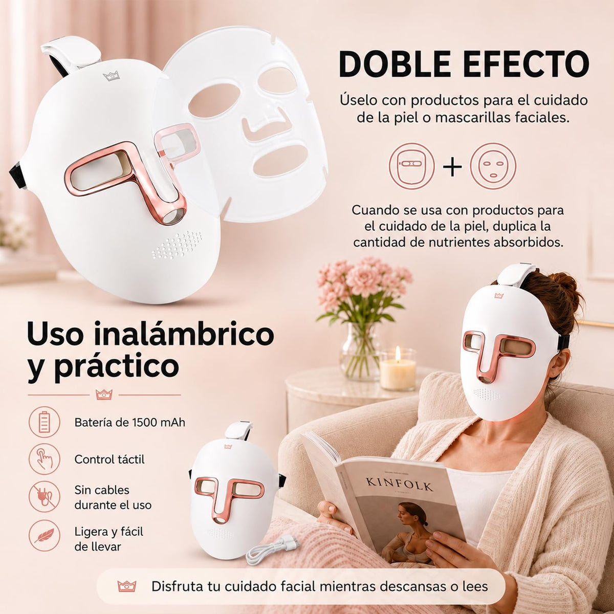 QKIIINQ Máscara facial led terapia de luz, Máscara facial led de 7 colores, Terapia de luz, Eliminación de Acné, Para uso doméstico y en salones de belleza