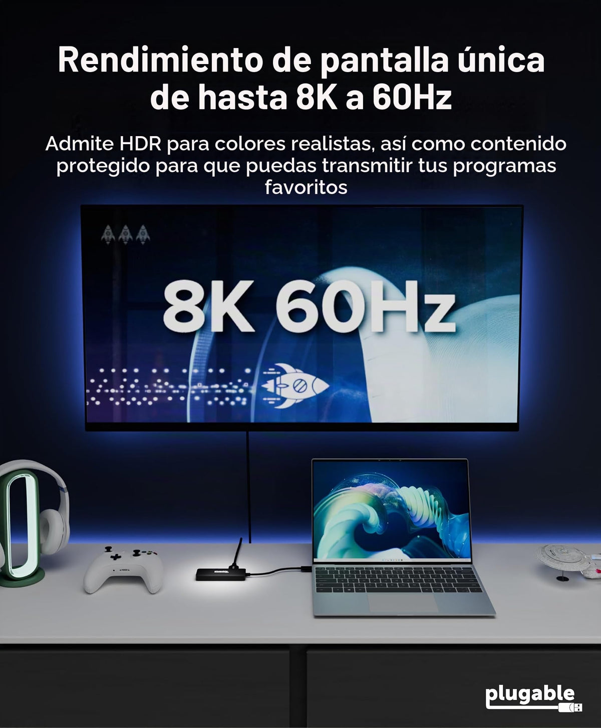 Adaptador USB C Plugable HDMI Tres Pantallas 4K60 Múltiples Monitores