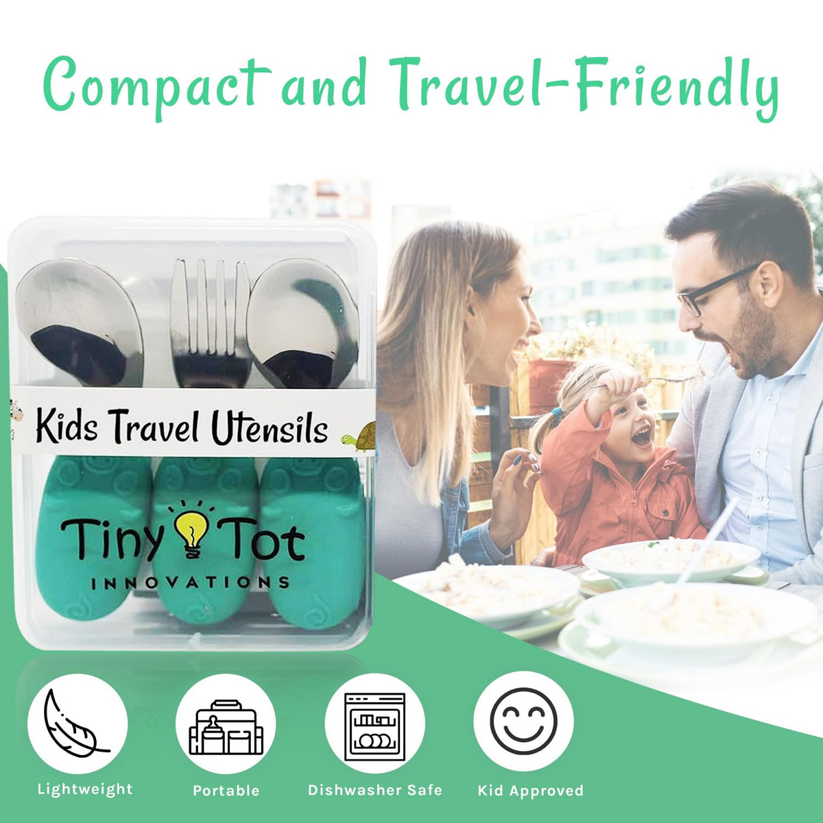 Juego de utensilios de viaje para niños con práctica funda de transporte. Incluye tenedor, cuchara universal y cuchara ergonómica para diestros. Asas de fácil agarre, utensilios de acero inoxidable