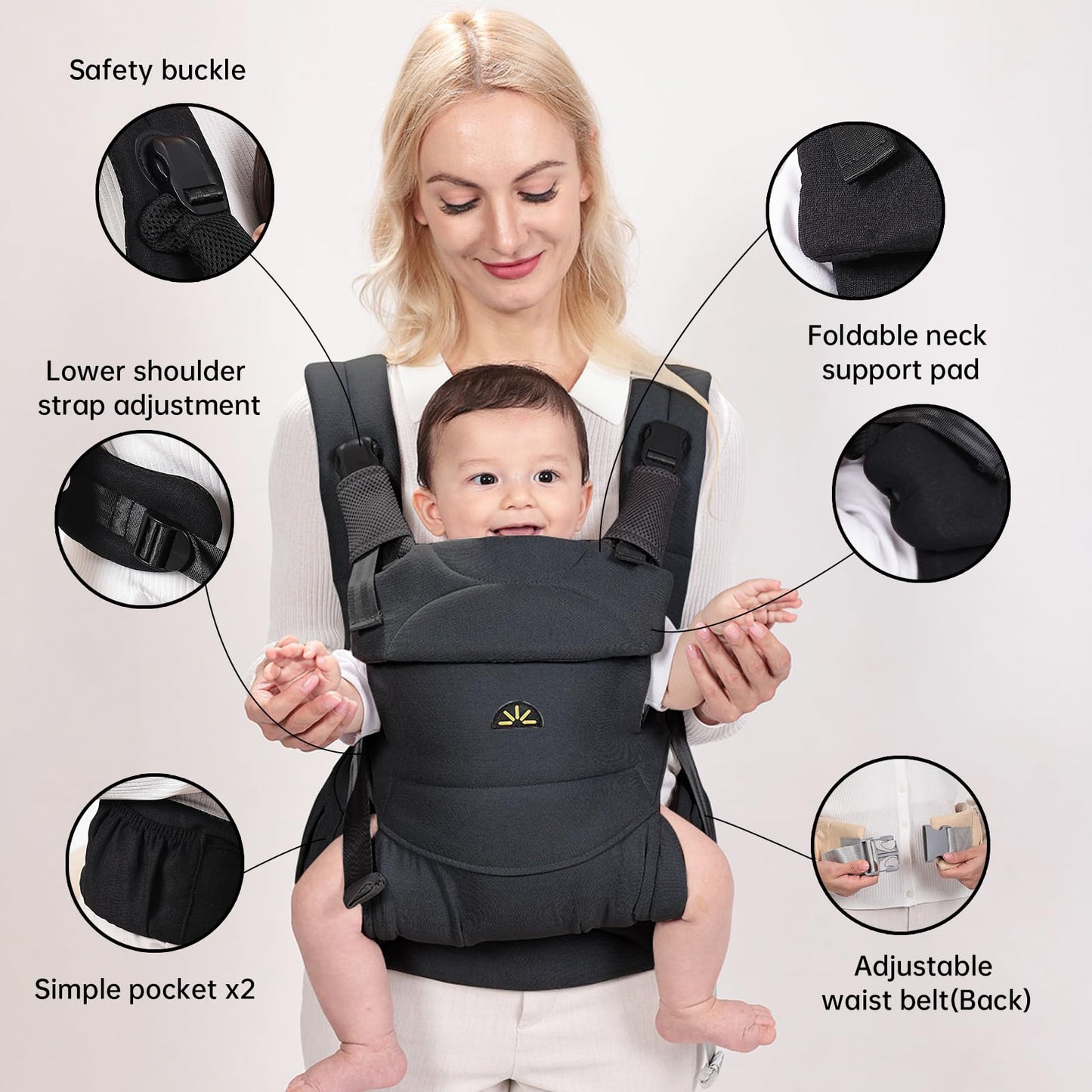 Dawnbud - Portabebés para recién nacidos y niños, ajustable, ultrasuave y ligero, ergonómico con soporte para la cabeza, equipo de viaje para bebés, artículos esenciales para bebés (negro)