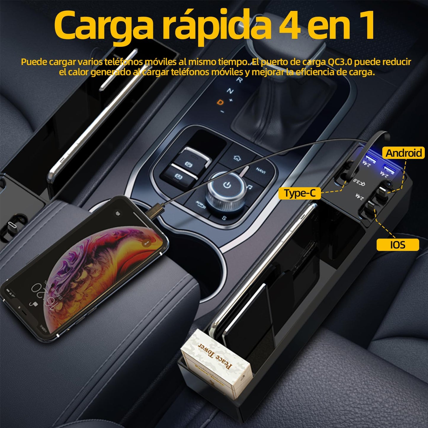 Relleno de Espacio para Asiento de Coche,Asiento Organizador del Coche Con QC3.0 puerto de carga rápida, Equipado con interfaz USB y IOS、Type-C、Android cable de carga,uardar de Teléfonos Llaves etc.