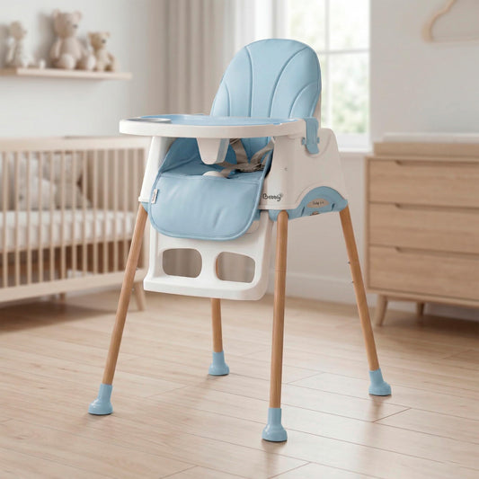 BEBBLY Silla Alta para Bebé con Patas de Madera Antiderrapante Asiento Ergonómico con Charola y Arnés de Seguridad Ideal para Comer o Jugar Niños y Niñas desde 6 Meses Moderna y Fácil de Limpiar (Azul)