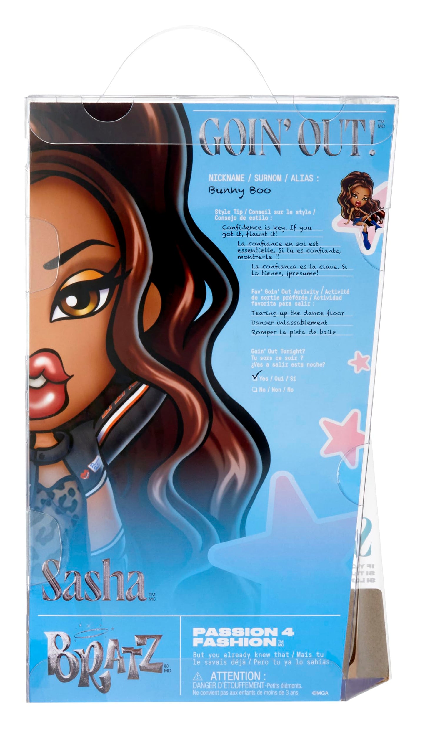 Bratz GOIN out! - Sasha - 1 Muñeca de Moda Coleccionable con Accesorios, Viene con un Conjunto, un Bolso, un Par de Gafas de Sol y un Cepillo - Juguete para Niños - para Mayores de 6 Años
