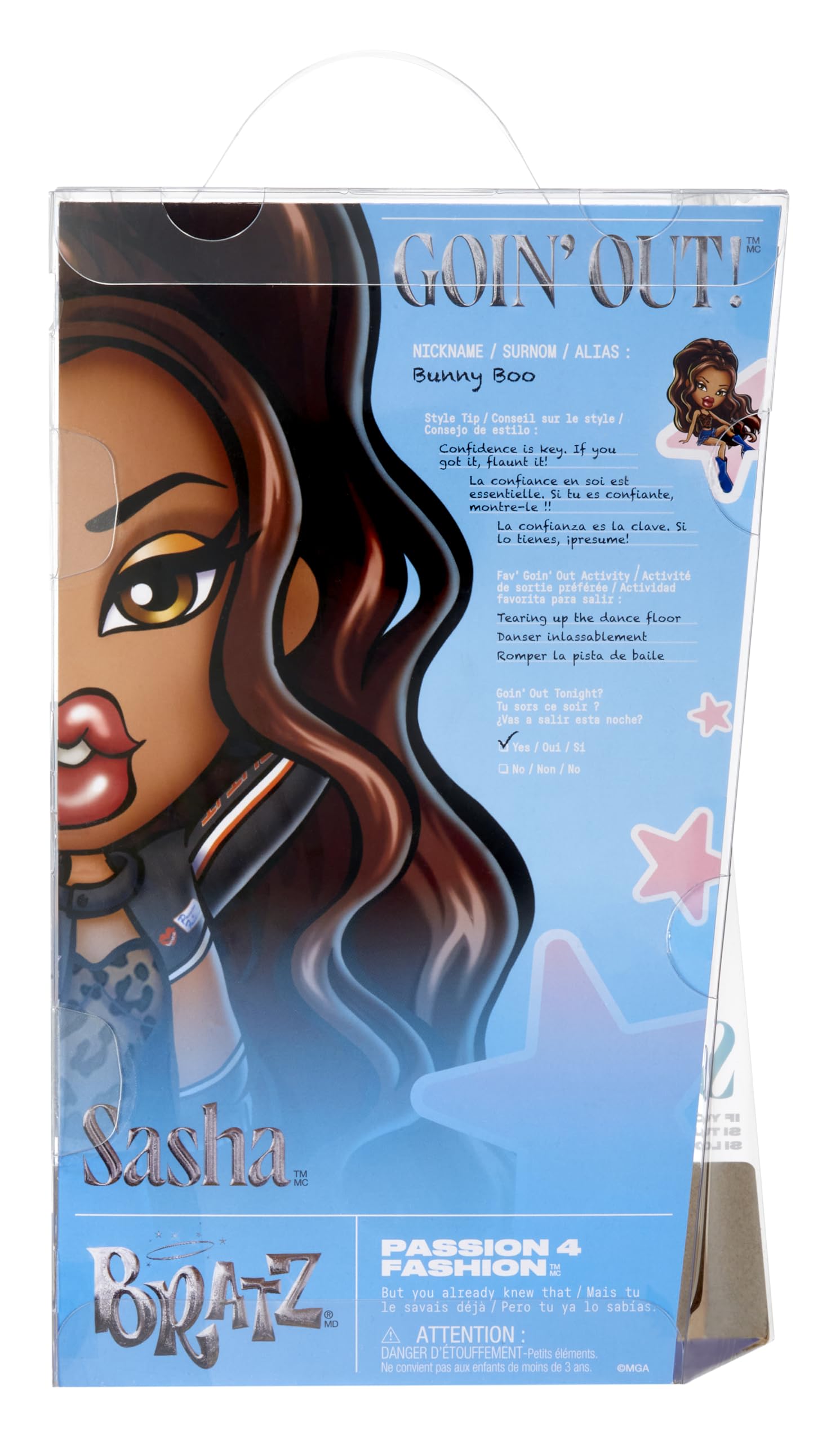 Bratz GOIN out! - Sasha - 1 Muñeca de Moda Coleccionable con Accesorios, Viene con un Conjunto, un Bolso, un Par de Gafas de Sol y un Cepillo - Juguete para Niños - para Mayores de 6 Años