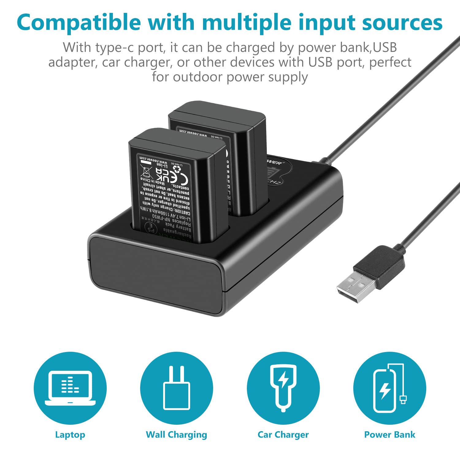 Cargador de Batería para Cámara NEEWER NP-FW50 Sony en Negro con Paquete de 2 Baterías 1100mAh y Cargador Doble Tipo C