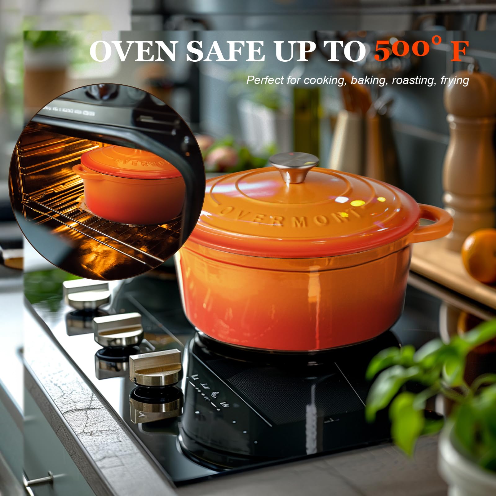Overmont - Horno holandés de hierro fundido esmaltado, utensilios de cocina de 4,5 cuartos con tapa de algodón resistente al calor, olla esmaltada resistente con tapa para estofados, asar pan y