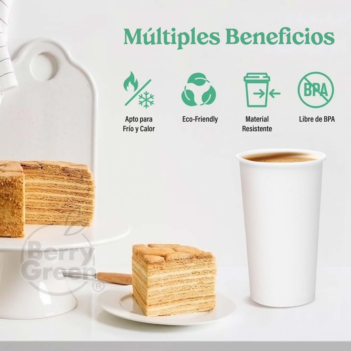 Berry Green Vasos Blancos para Café, Paquete de 120 Vasos, Resistentes, Perfectaos Para Cafe, Te y Todo Tipo de Bebidas Calientes, Biodegradables y Faciles de Apilar (20 Onzas)