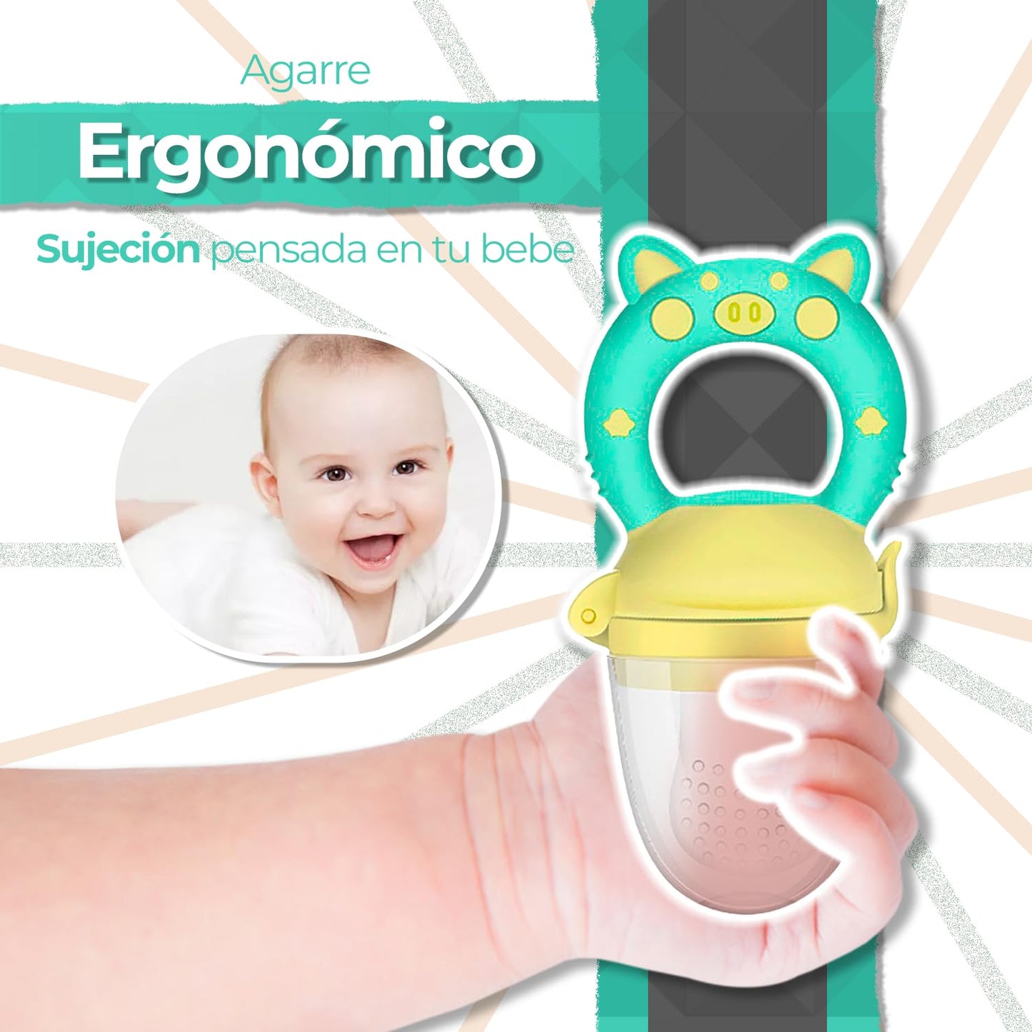 Chupones/Chupetes Ergonómicos para Frutas, Papillas y Cereales con Seguro y Tapa Protectora Libre de BPA, Dibujos Animados, Unisex de 4m+ (Pig Verde Amarillo)
