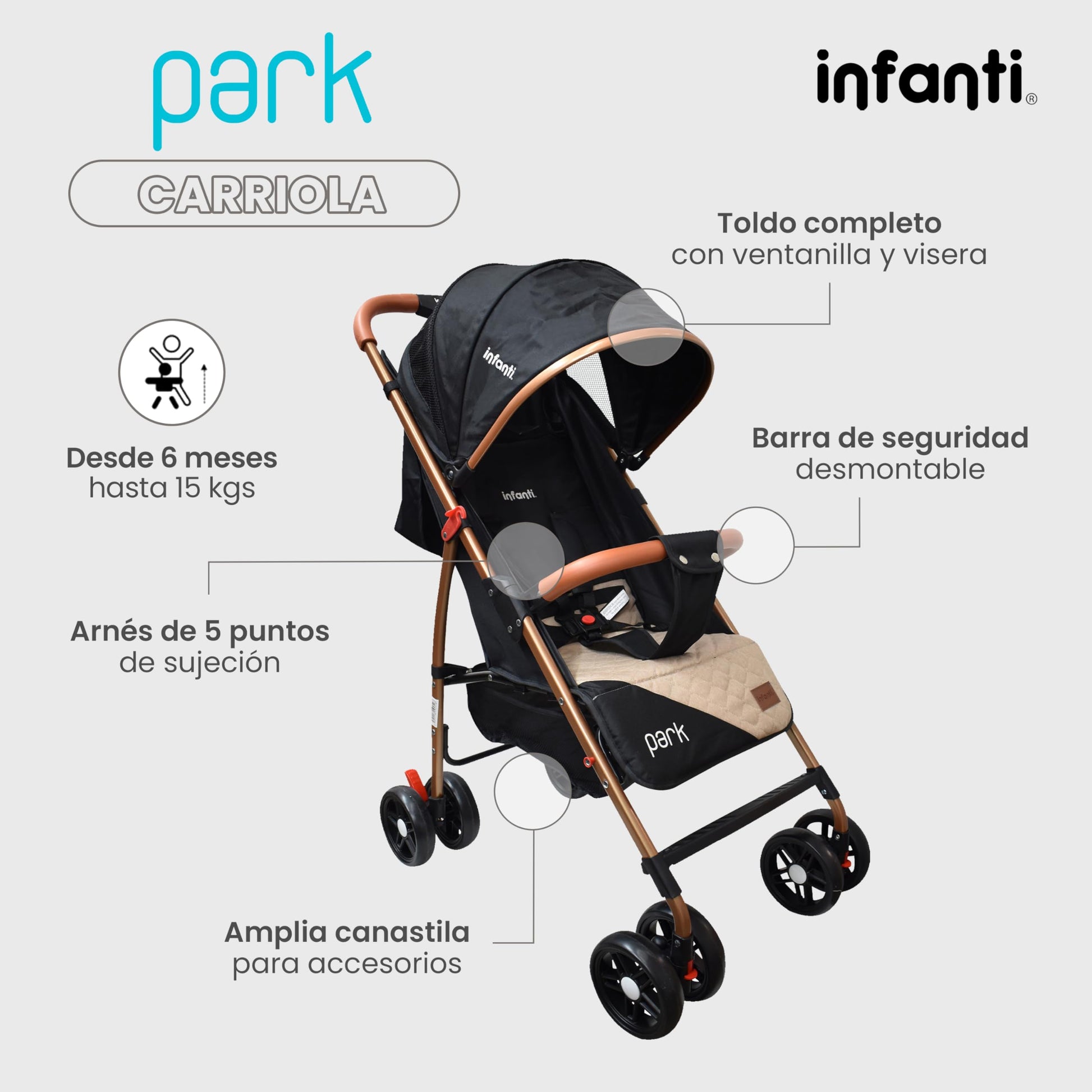 INFANTI | Carriola para Bebe PARK | Carreola con Portabebé - Carriola de Viaje - Carrito para Bebe | Cosas para Bebes 6 Meses hasta 15 kg - Compacta y Plegable | con Barra de Seguridad Desmontable (Negro y Beige)