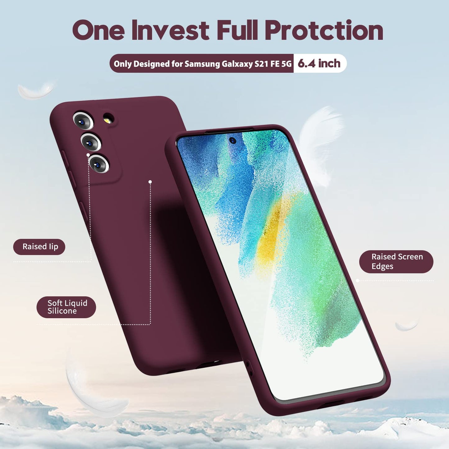 Oakxco - Funda de silicona líquida para Samsung Galaxy S21 FE 5G, bonita funda delgada de goma suave TPU suave para mujeres y niñas, diseño estético, sólido mate protector y a prueba de golpes, vino