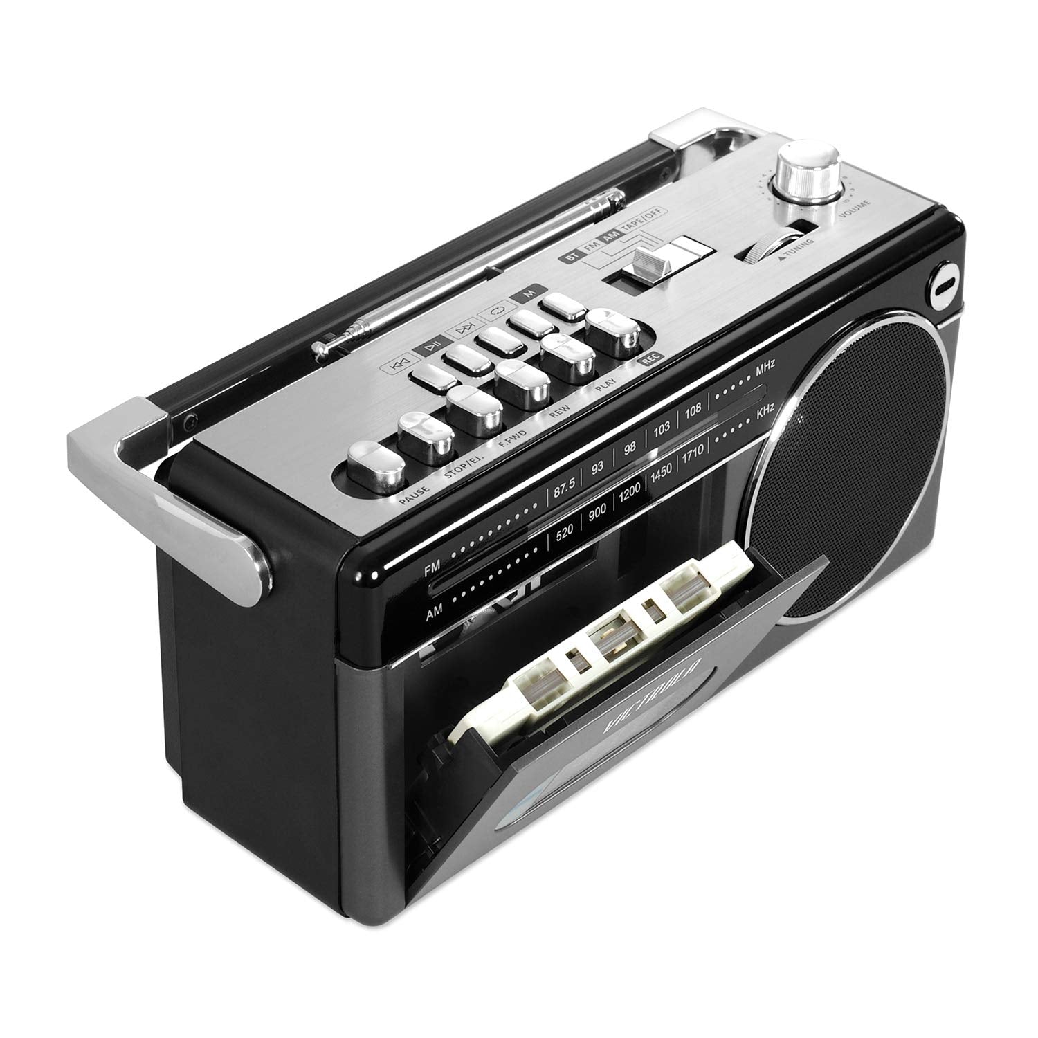 Mini Boombox Bluetooth Victrola Gris con Radio Am/Fm y Reproductor de Casetes