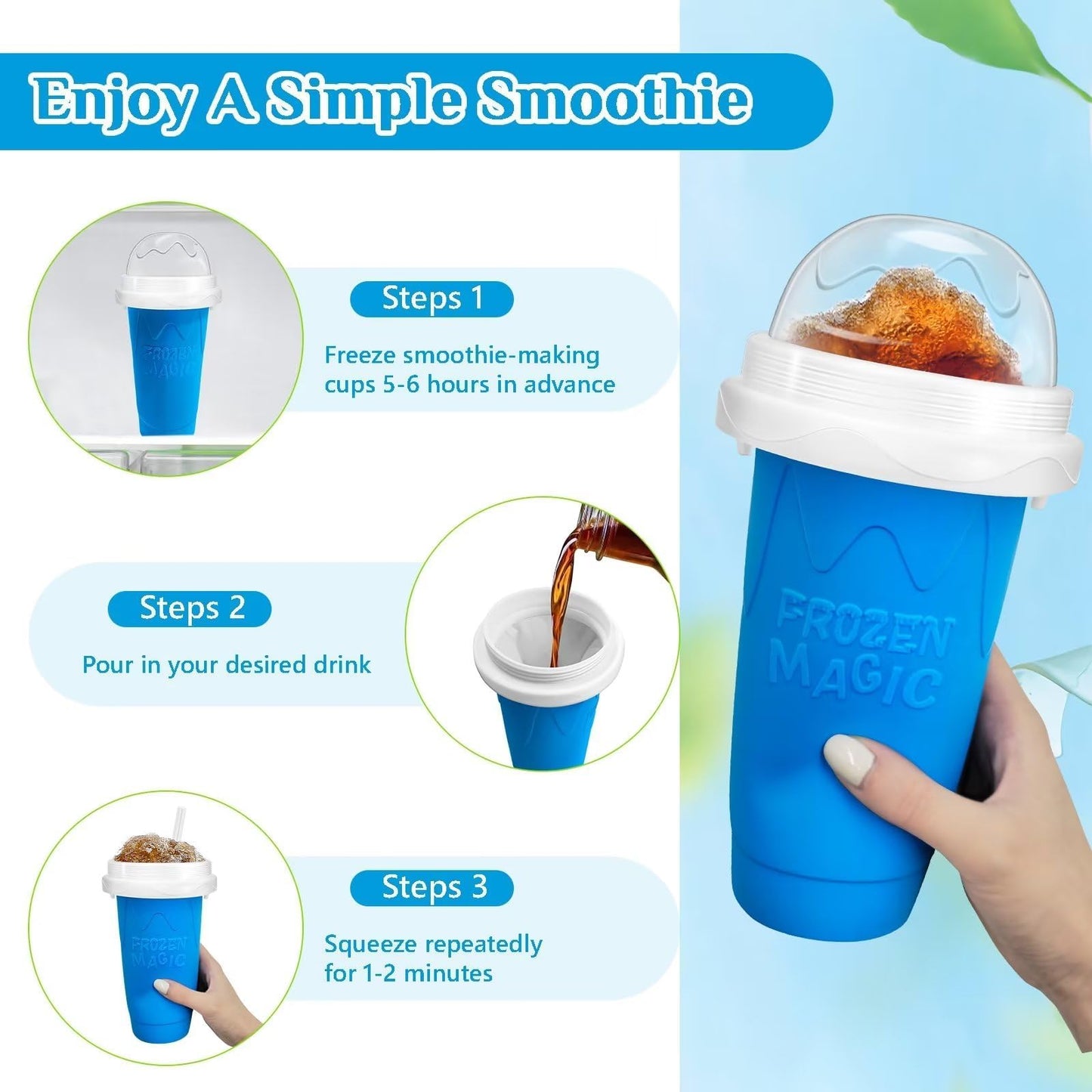 Magic Quick Frozen Smoothies Maker – Máquina grande de granizados, taza para apretar DIY (azul y amarillo)
