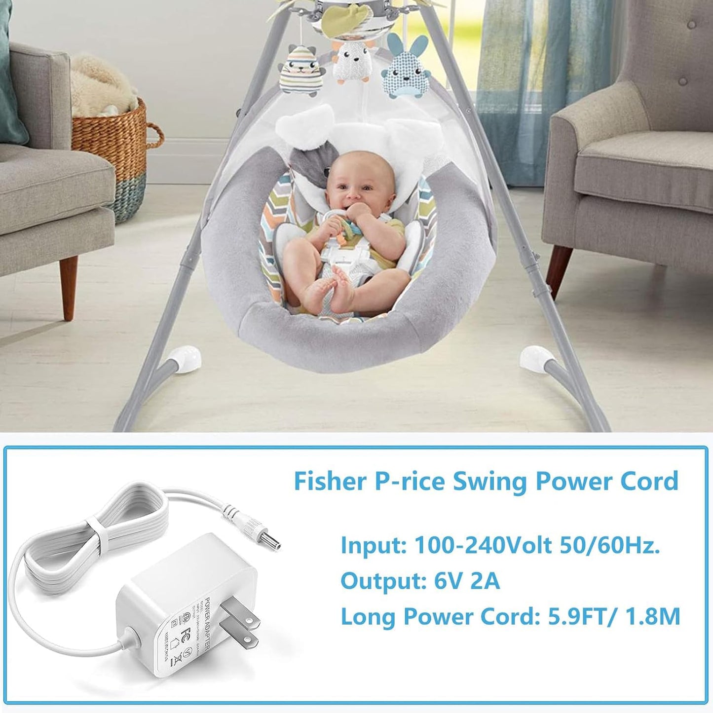 Cable Adaptador 6 V VHBW para Fisher Price Ingenuity y Cradle Swing Rainforest en Butterfly Ocean Wonders