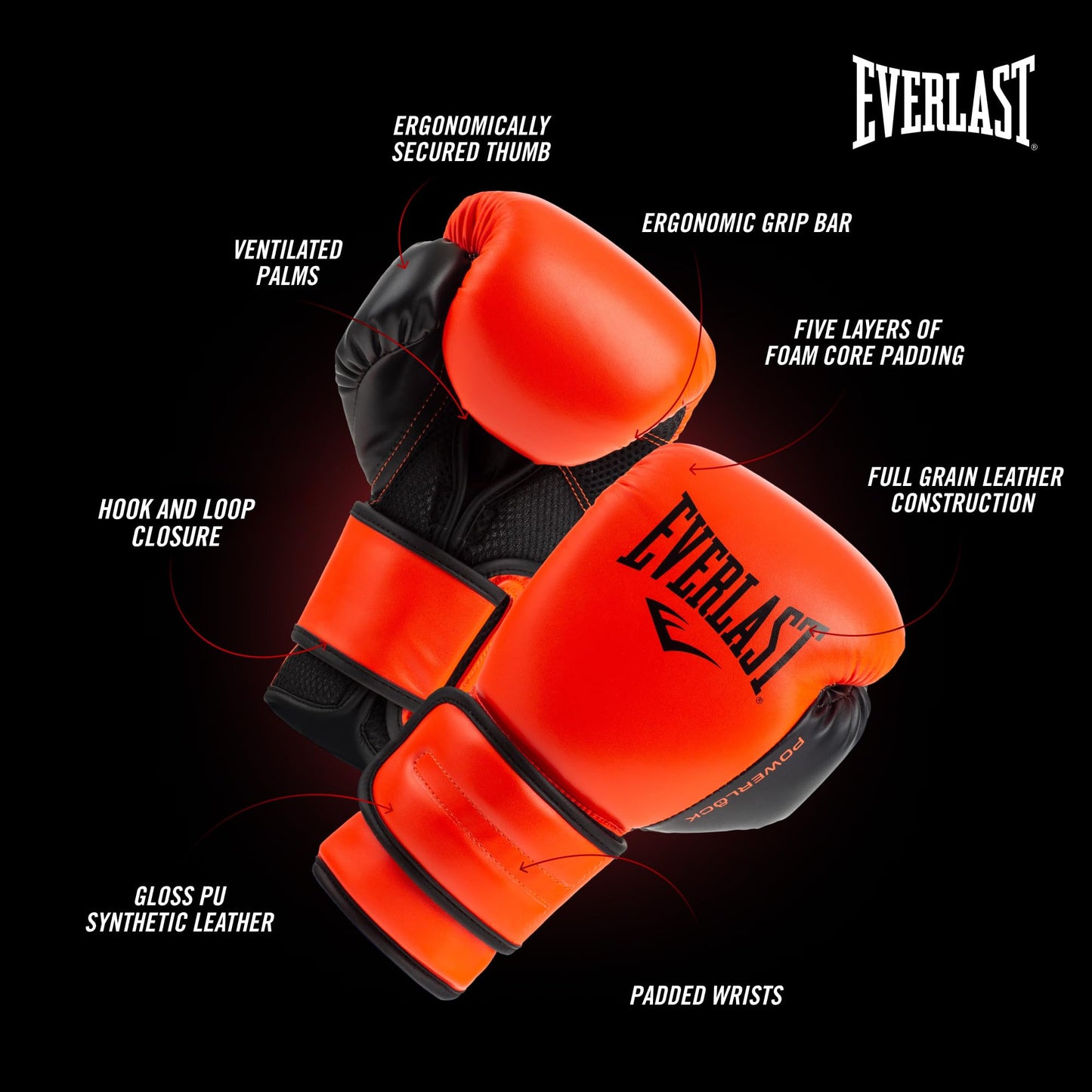 Guante de Entrenamiento Everlast PowerLock2 Rojo Negro 16 Onzas