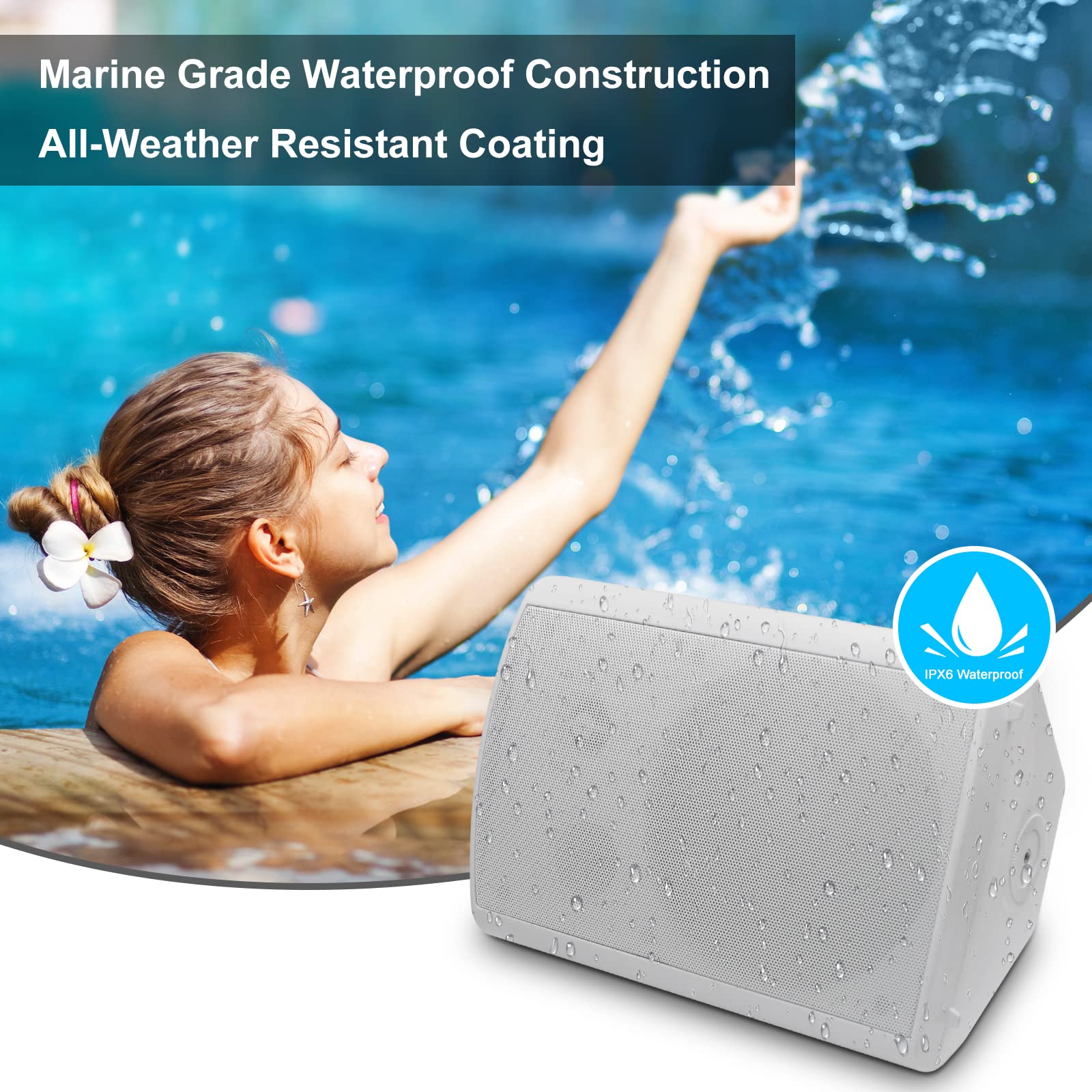 Herdio Bocina Exterior Bluetooth, 6,5 Pulgadas 800W 2 Vías Altavoces Impermeable para Exteriores, Amplificador Multifuncional, Amplia Cobertura de Sonido Estéreo, para Patio Jardín (2 Pares Blanco)