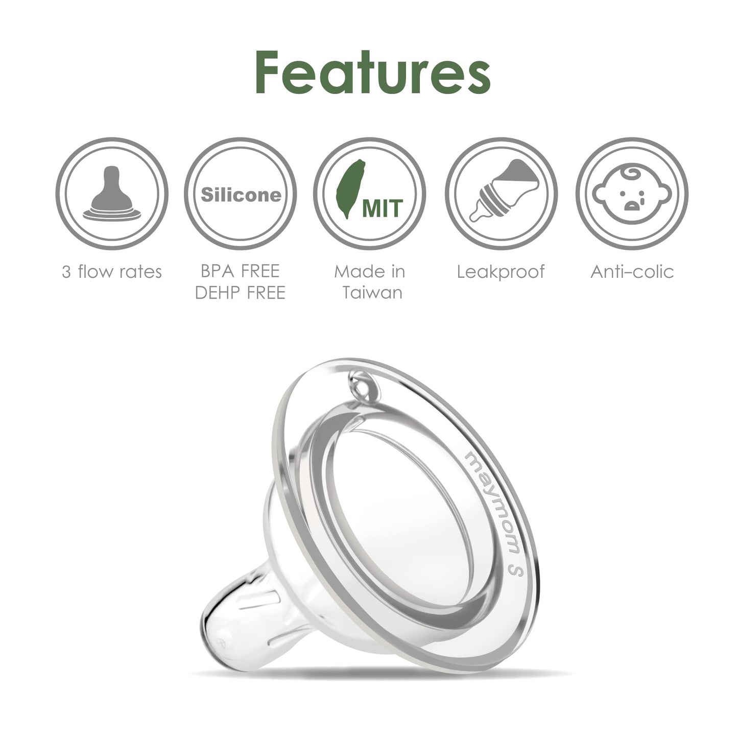 Pezón de Silicona Maymom Transparente de Flujo Lento, Compatible con Botellas Spectra, Motif Luna y Maymom Widemouth