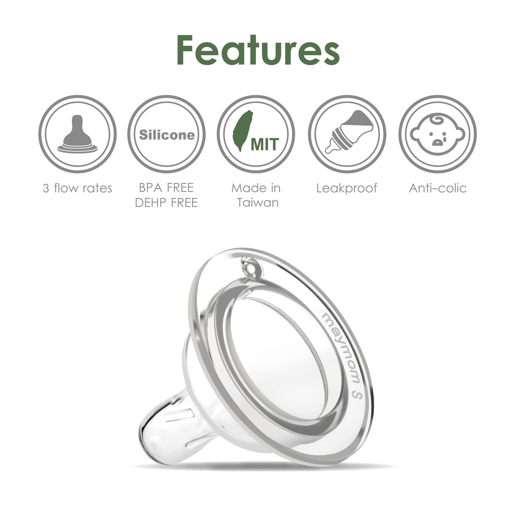Pezón de Silicona Maymom Transparente de Flujo Lento, Compatible con Botellas Spectra, Motif Luna y Maymom Widemouth