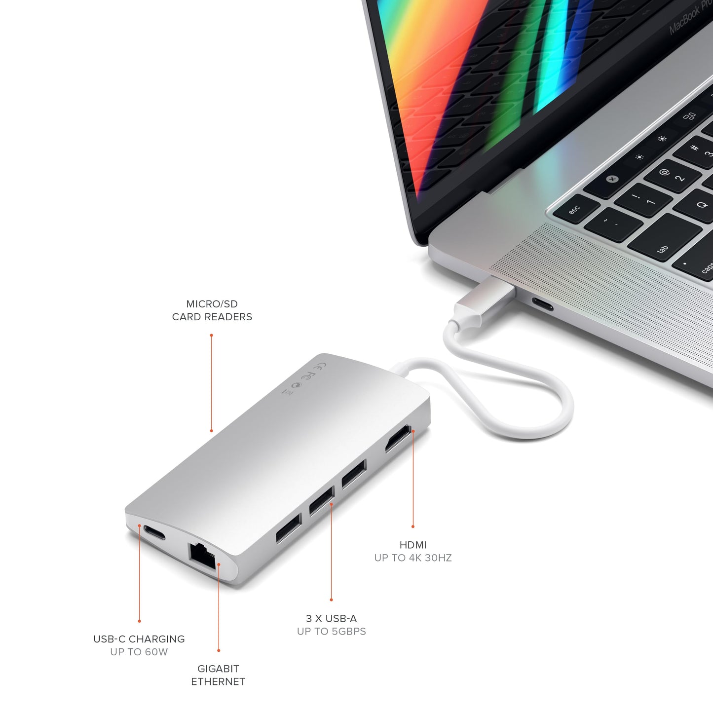 SATECHI Adaptador multipuerto 8 en 1 USB C V2, HDMI 4K, Carga USB C PD de 115 W, 3 Puertos USB-A, Ethernet, Lector de Tarjetas Micro/SD, para portátil, MacBook Air/Pro M4, iPad, Windows - Plateado