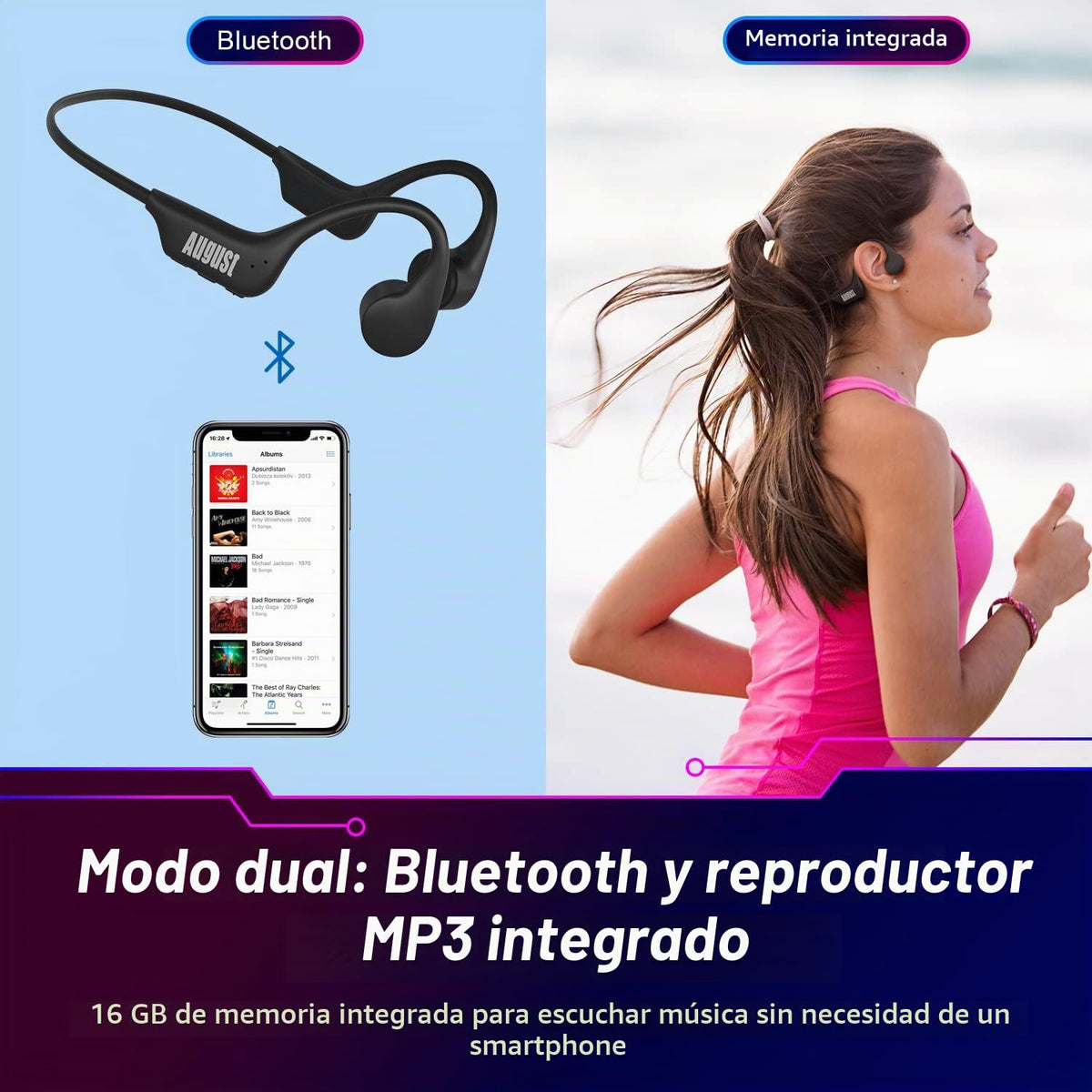 Auriculares August Bluetooth 5.3 con Sonido Óseo y Memoria MP3