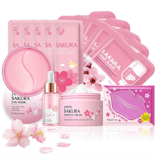 LAIKME- Kit de cuidado de la piel Sakura Skin Care Set Facial Kit, cuidado de la piel con flores de cerezo para adolescentes, juego de regalo completo para el cuidado de la piel Cre