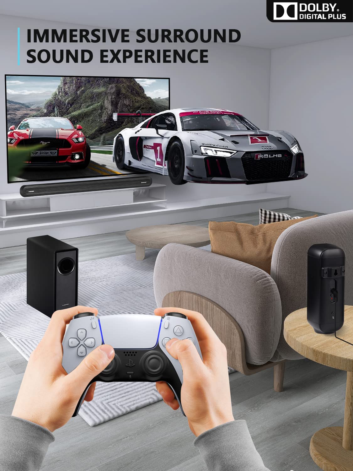 Barra de sonido envolvente de 5.1 CH con audio Dolby, barras de sonido para TV, subwoofer inalámbrico y altavoz trasero, Dolby Digital Plus, Bluetooth 5.0, sistema de sonido envolvente para cine en casa, televisores 4K y HD | HDMI y óptico