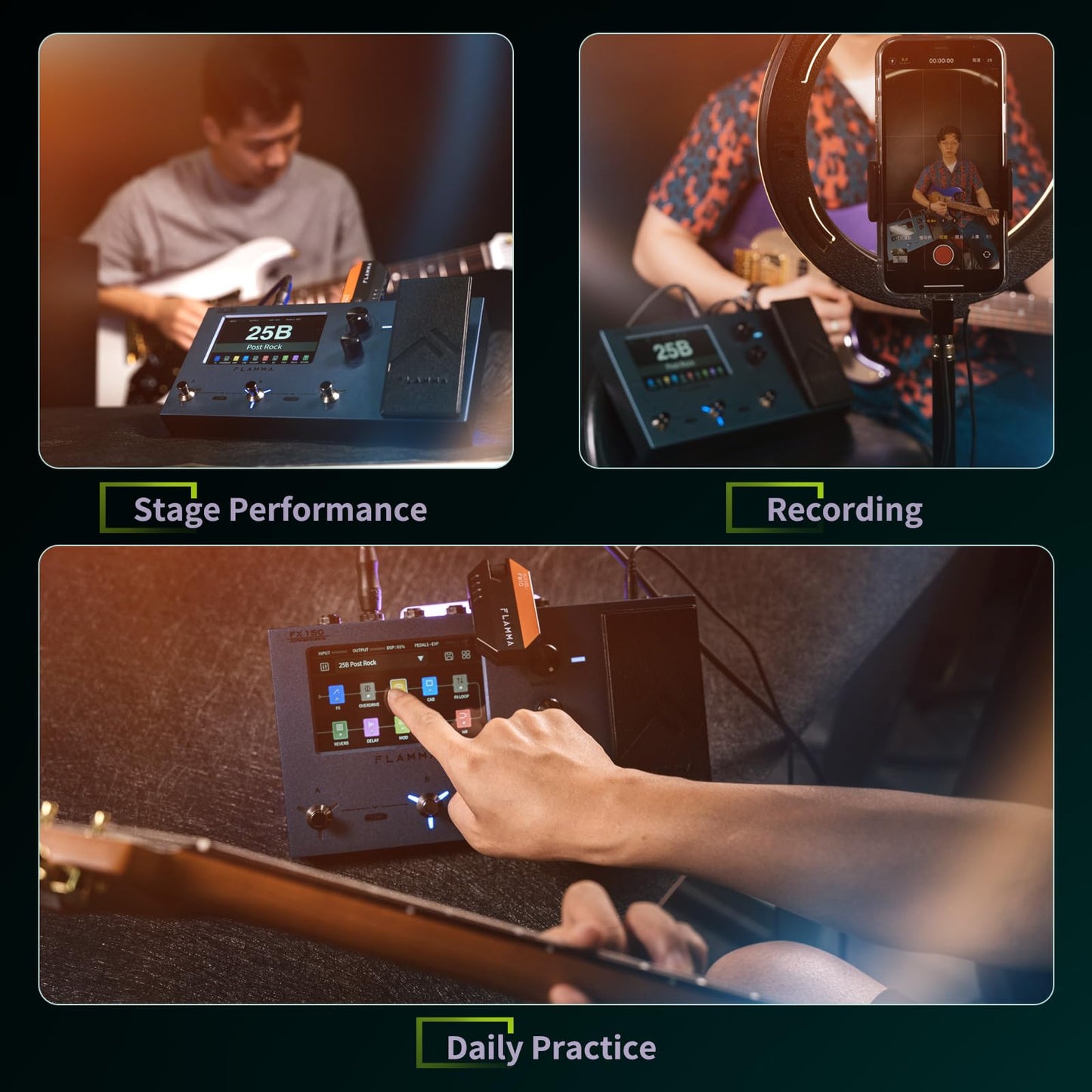 Pedal de Guitarra Eléctrica FLAMMA FX150 multiefectos con Pantalla Táctil y Amplificador de Modelado