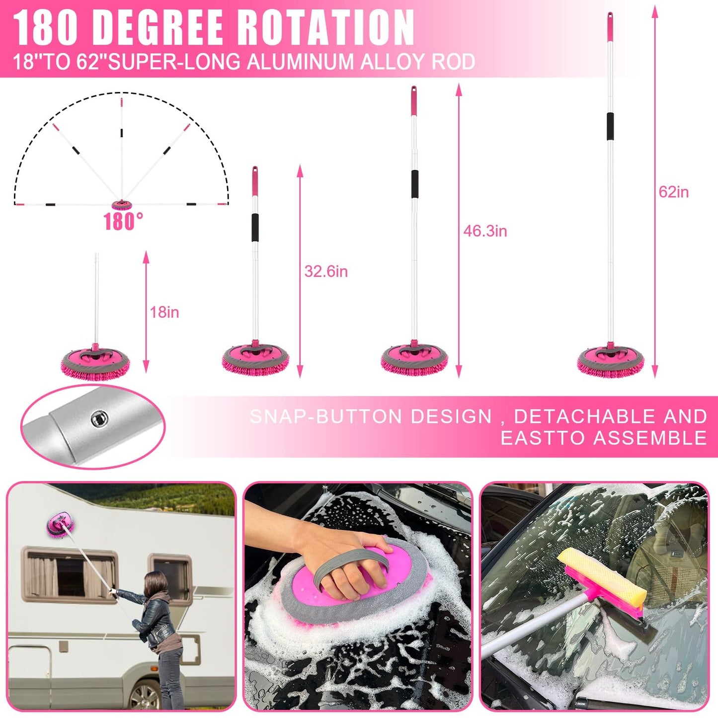 Juego de Brochas de Lavado de Coche con Mango Largo Rosa de 62 Pulgadas