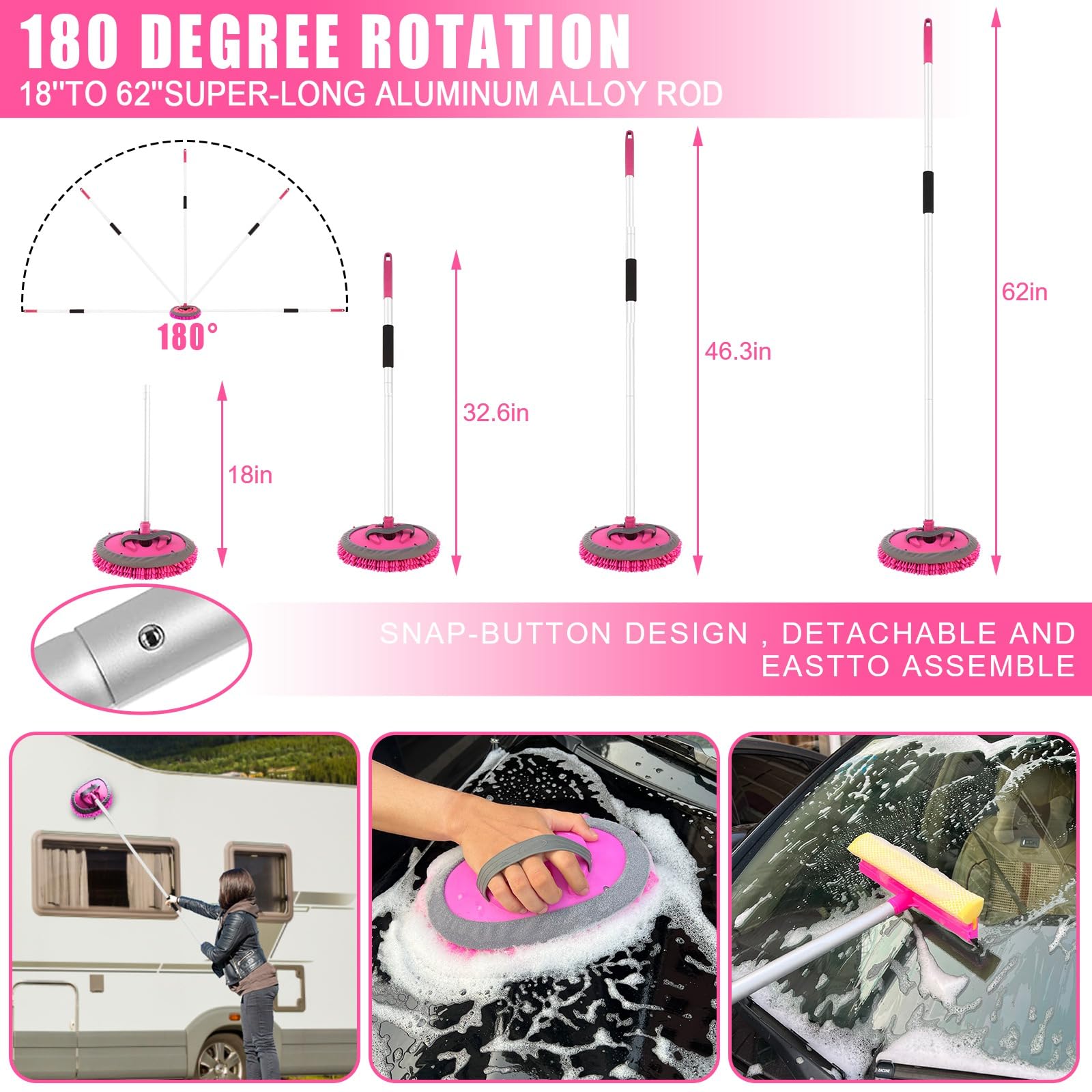Juego de Brochas de Lavado de Coche con Mango Largo Rosa de 62 Pulgadas