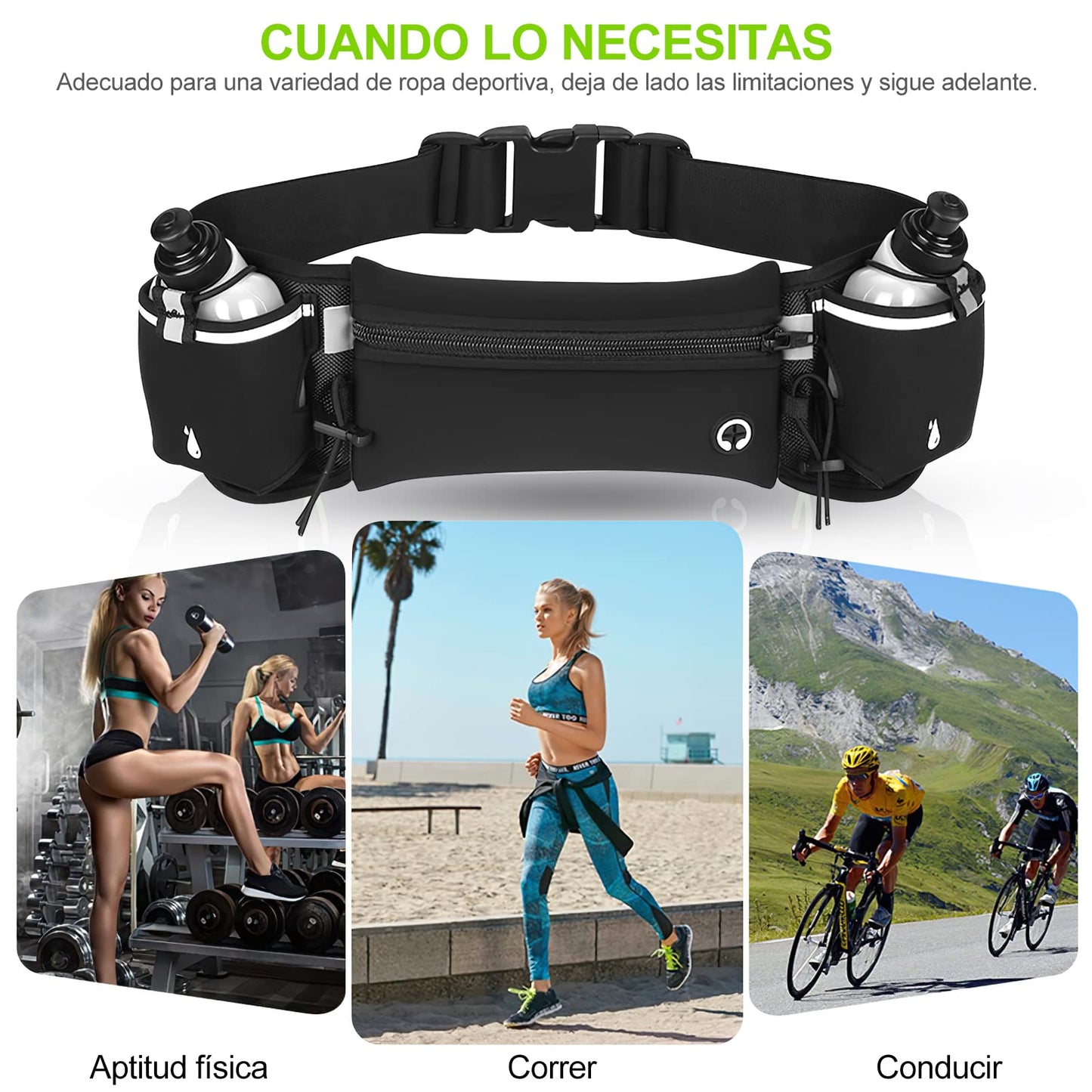Cangurera Deportiva,HONGHCL Riñonera Deportiva con 2 Botellas de Agua,Cangurera Deportiva para Correr,Bolsa Deportiva con Cinturón Regulable,Bolsillos de Auricular y Teléfono(Negro)