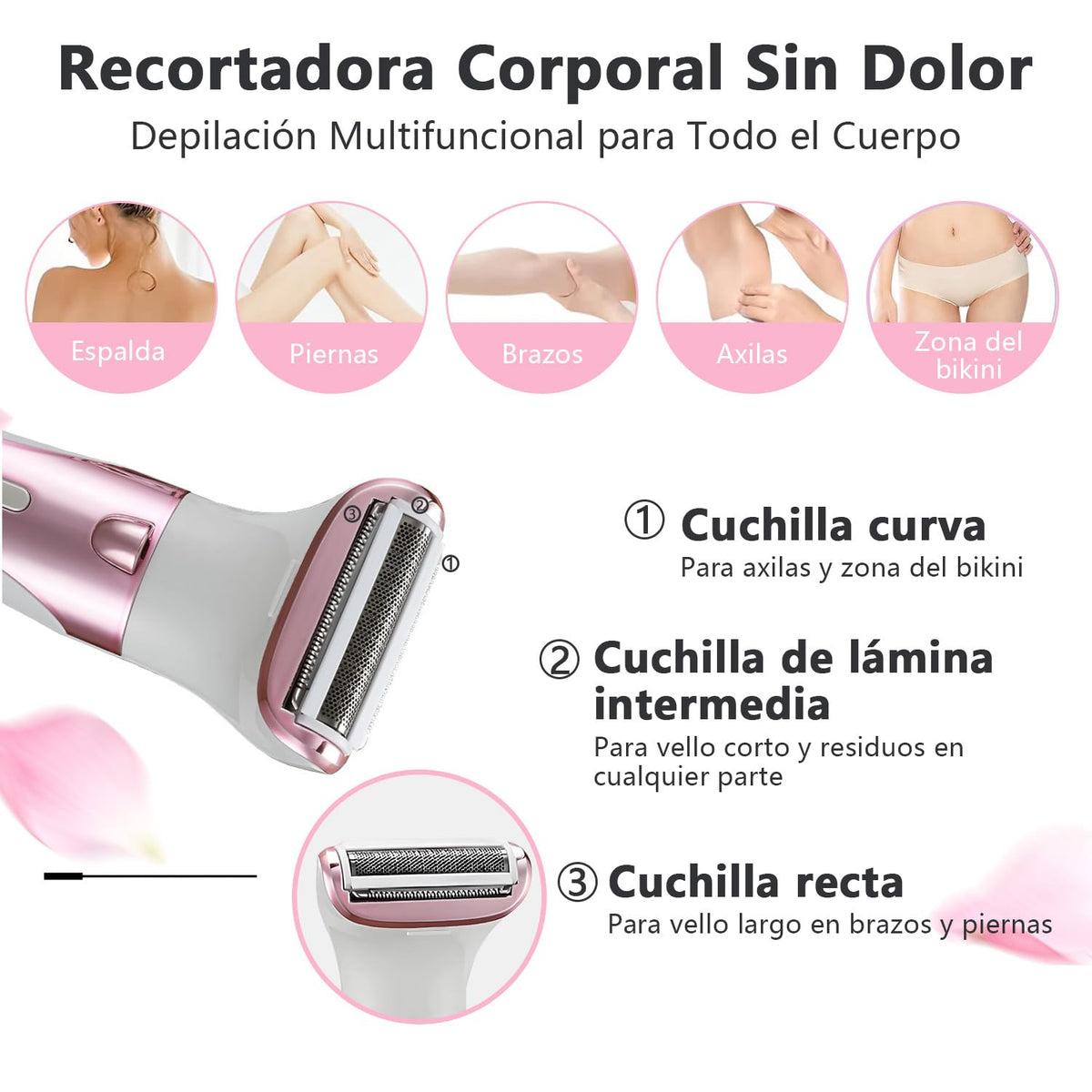 Rasuradora Eléctrica para Mujer 5 en 1, Rasuradora Recargable USB Pantalla Digital y Luz, Impermeable Húmedo Seco, Cabezales Intercambiables, Sin Dolor Sin Irritación para Bikini Axilas Piernas