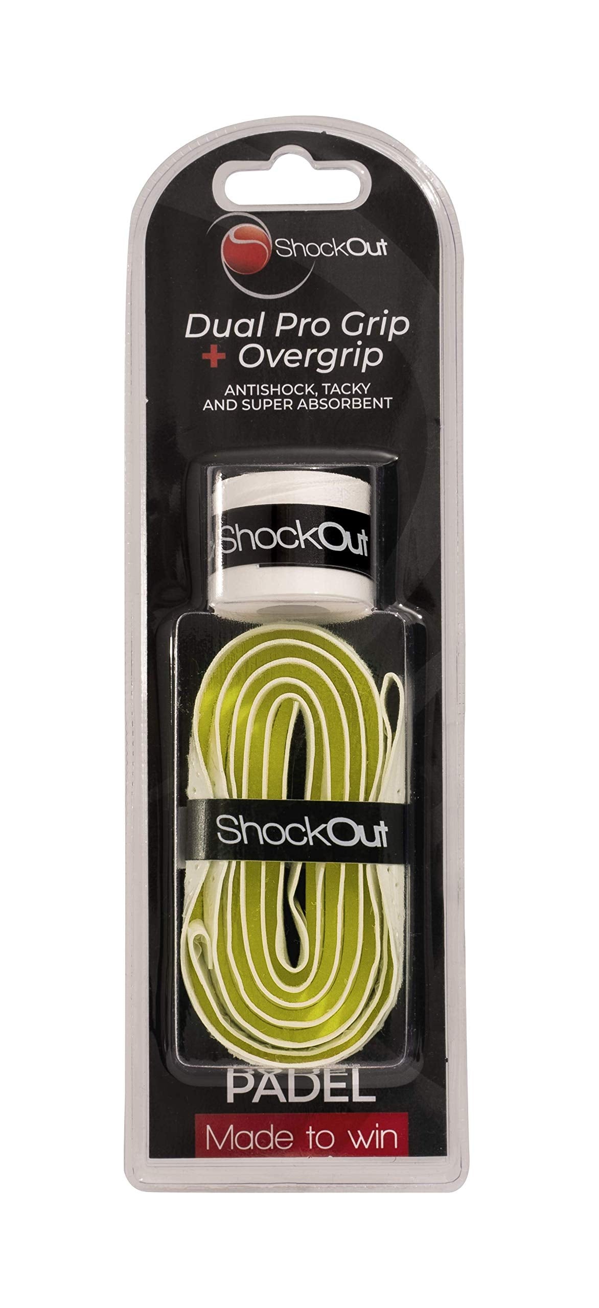 Grip Dual Pro + Overgrip ShockOut Blanco Amarillo con Sistema de Absorción de Impacto para Deportes de Raqueta