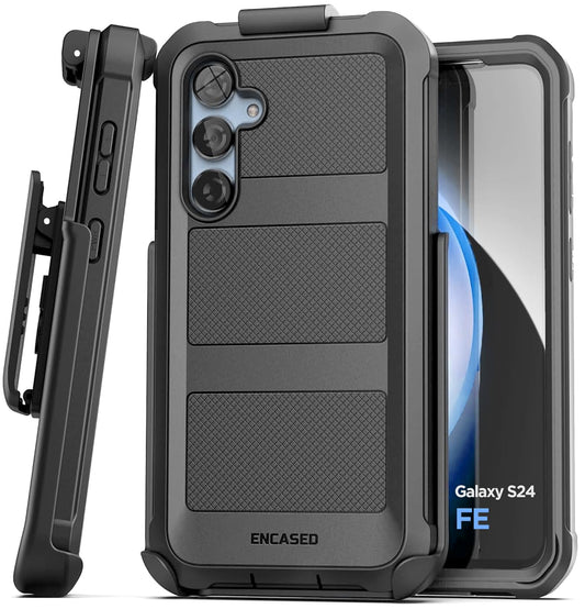 Funda Rígida Encased Negro Samsung Galaxy S24 FE Uso Rudo con Protector Pantalla de Vidrio Templado y Clip Cinturón Holster