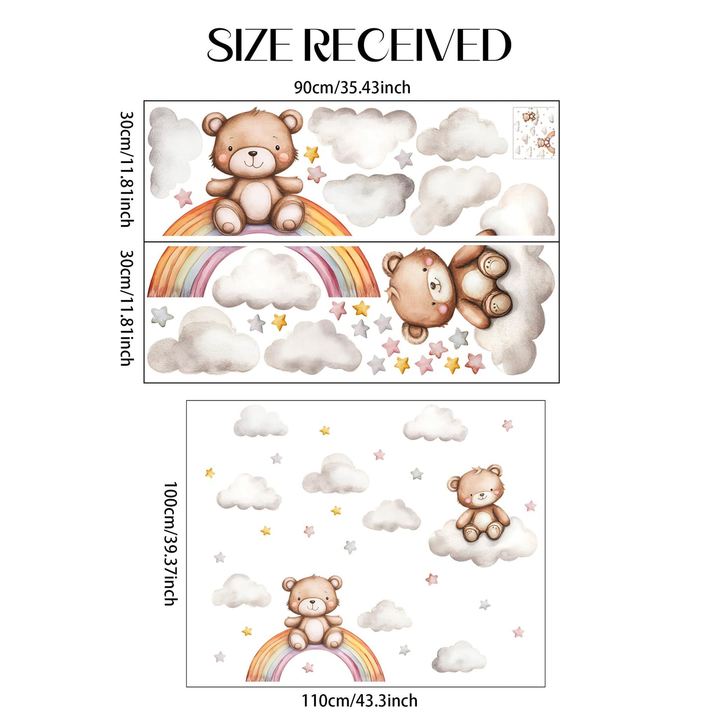Calcomanías de pared de oso de peluche, pegatinas de pared de oso de dibujos animados, estrella de arco iris, para habitación de niños, habitación de bebé, habitación de bebé, decoración de cuarto de