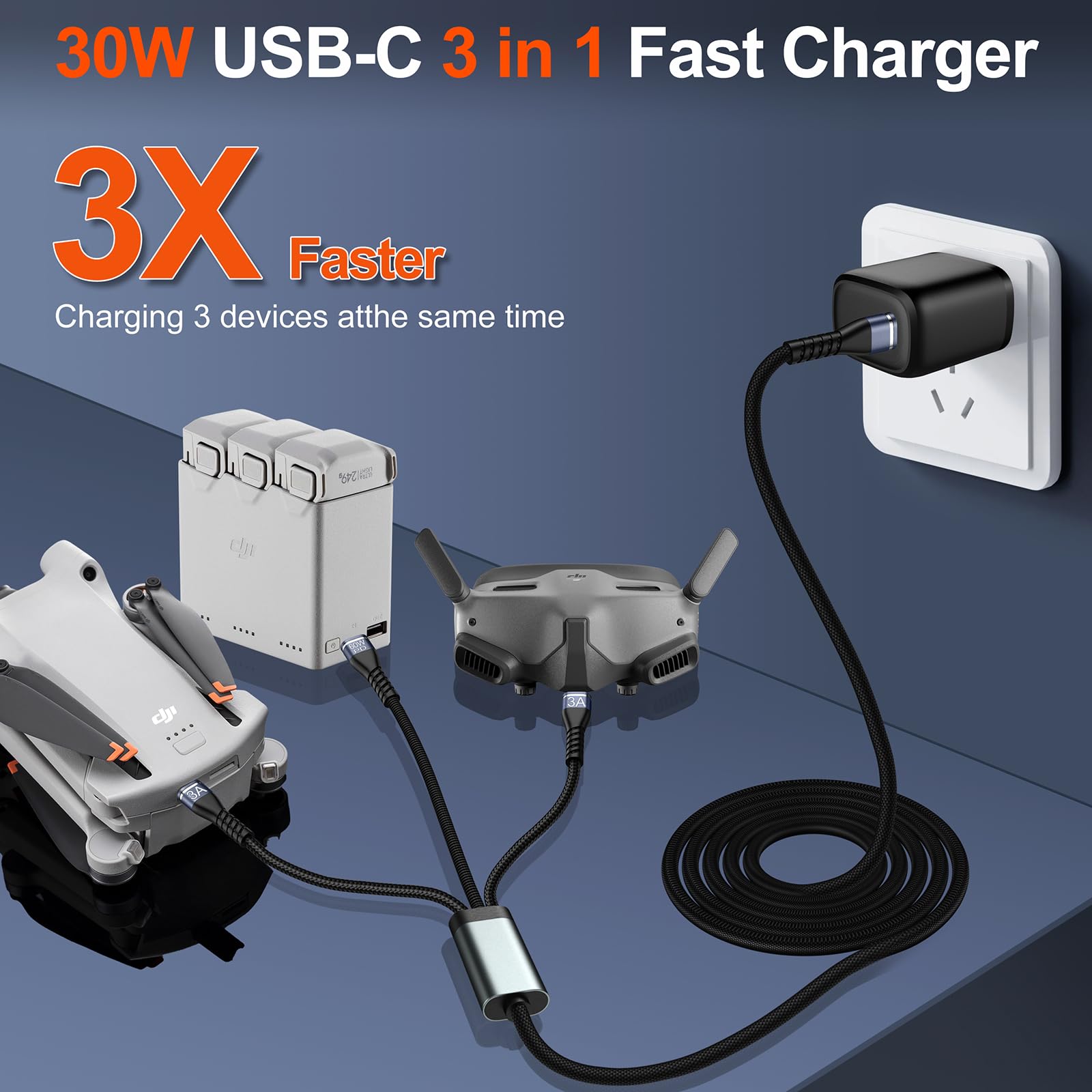 Cargador Rápido PD 3 en 1 USB-C de 30 W para DJI Neo, Mini 4 Pro, 4K, 3 Pro/3, 2 SE, Avata, Avata 2, Air 3, Air 2S Drones - Cargador de Pared Tipo C para Accesorios de Drones