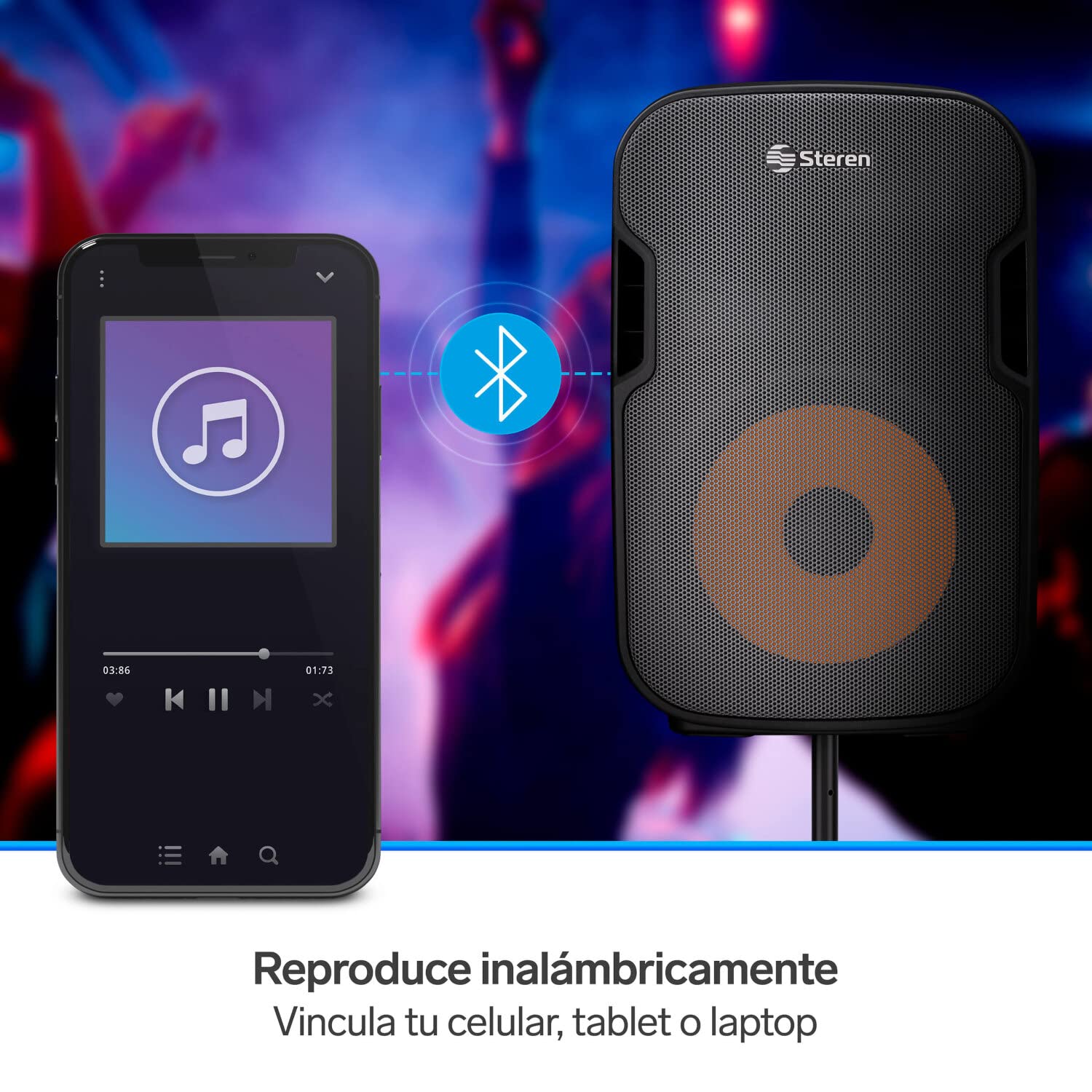 STEREN BAF-1255BT Bafle 12" 2300 WPMPO Bluetooth, woofer y Tweeter, MP3 por microSD o USB, AUX RCA, 6,3 mm para Mic, Crossover, Salida Speakon, Ruedas y agarraderas, Orificio para Colocar en Pedestal