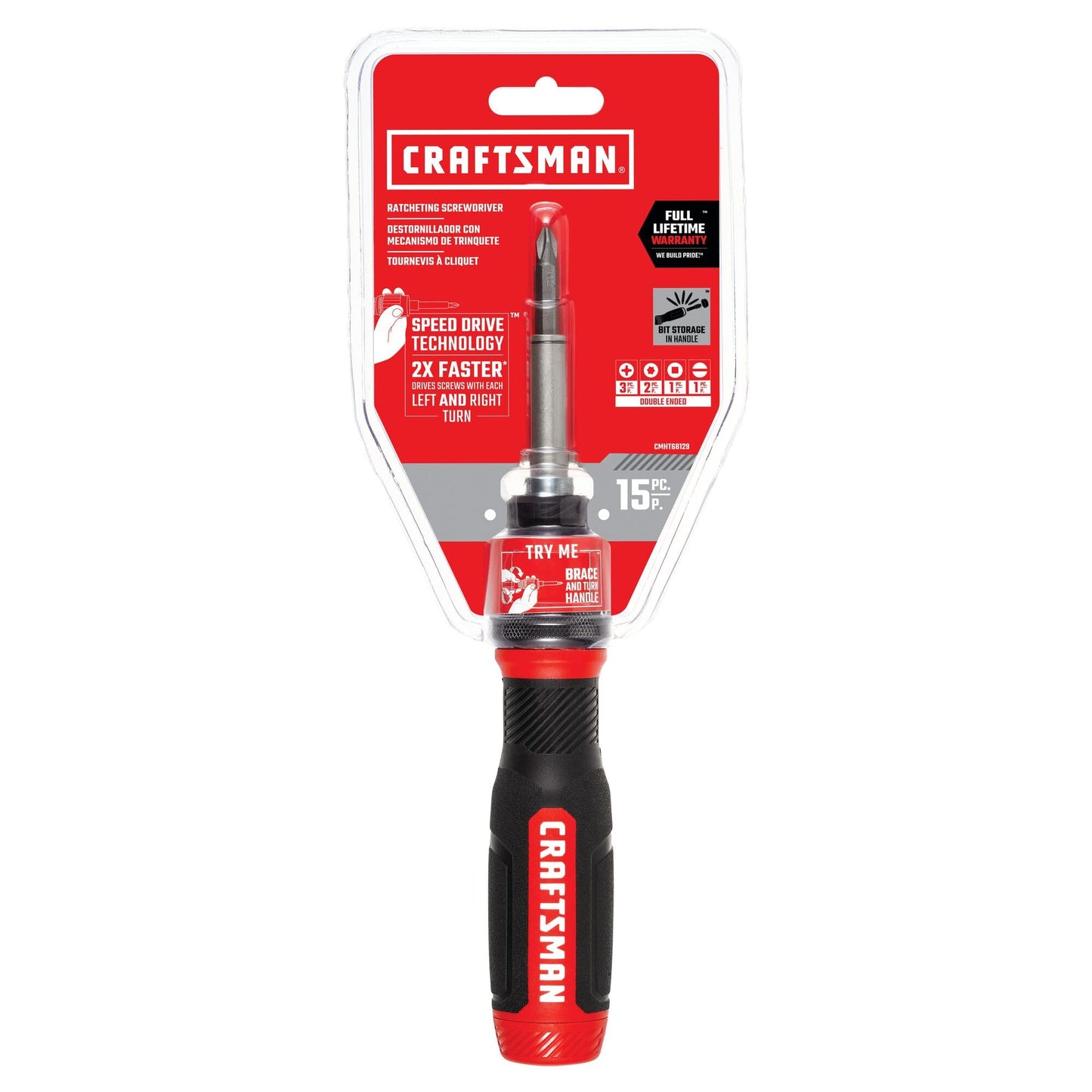 CRAFTSMAN - Destornillador de carraca, SpeedDrive, puntas de doble punta de 2 pulgadas, mango con capacidad para hasta 6 puntas (CMHT68129)