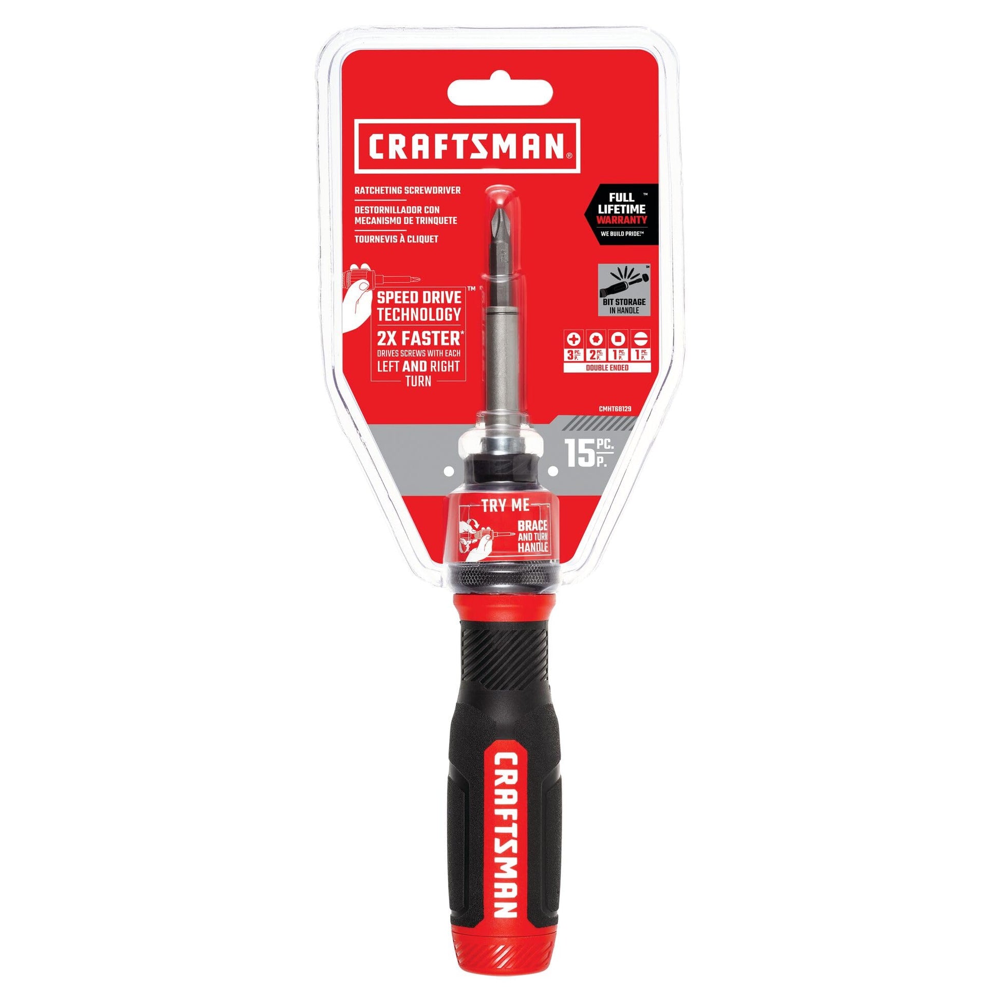 CRAFTSMAN - Destornillador de carraca, SpeedDrive, puntas de doble punta de 2 pulgadas, mango con capacidad para hasta 6 puntas (CMHT68129)