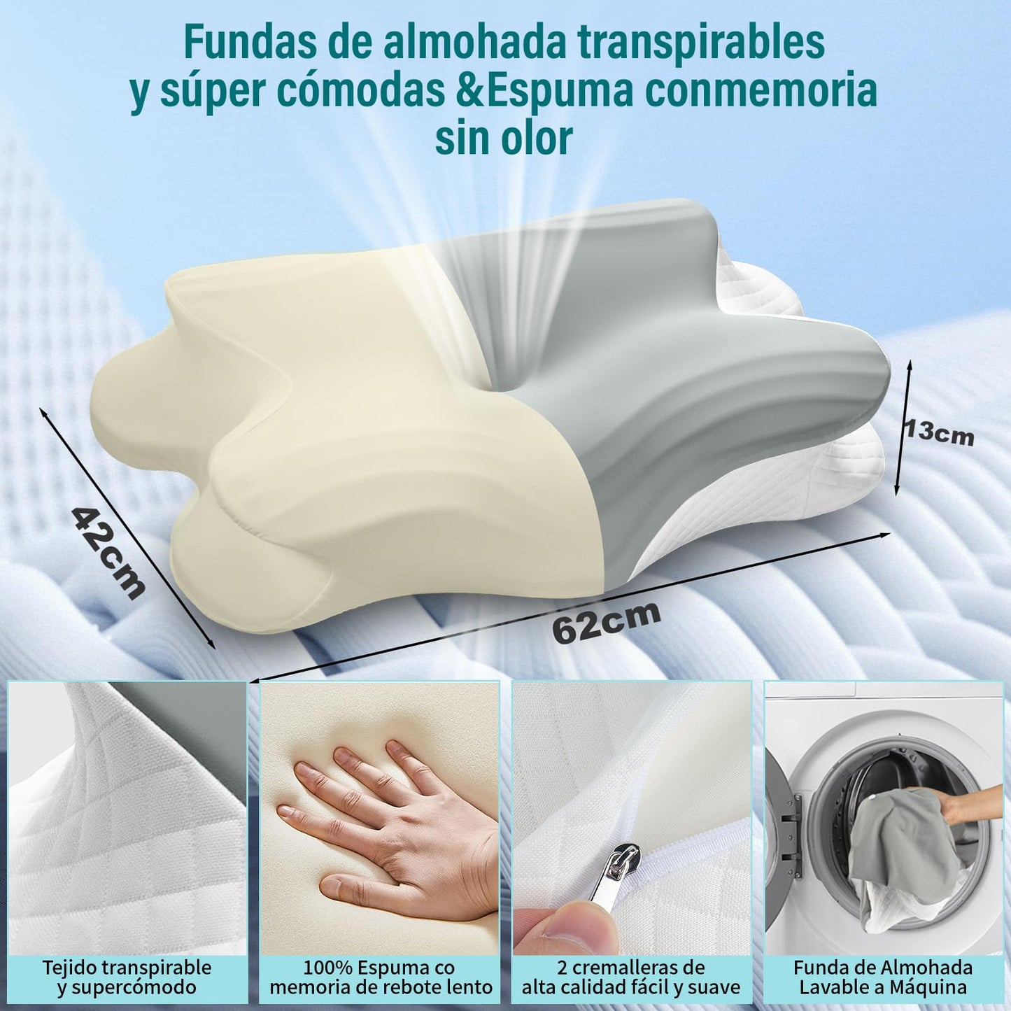 KIROGILY Almohada Cervical, Almohada Memory Foam para Aliviar el Dolor de Cuello, Almohada Ortopédica para Quienes Duermen de Lado, Boca Arriba y Boca Abajo, con Funda de Almohada (Gris)