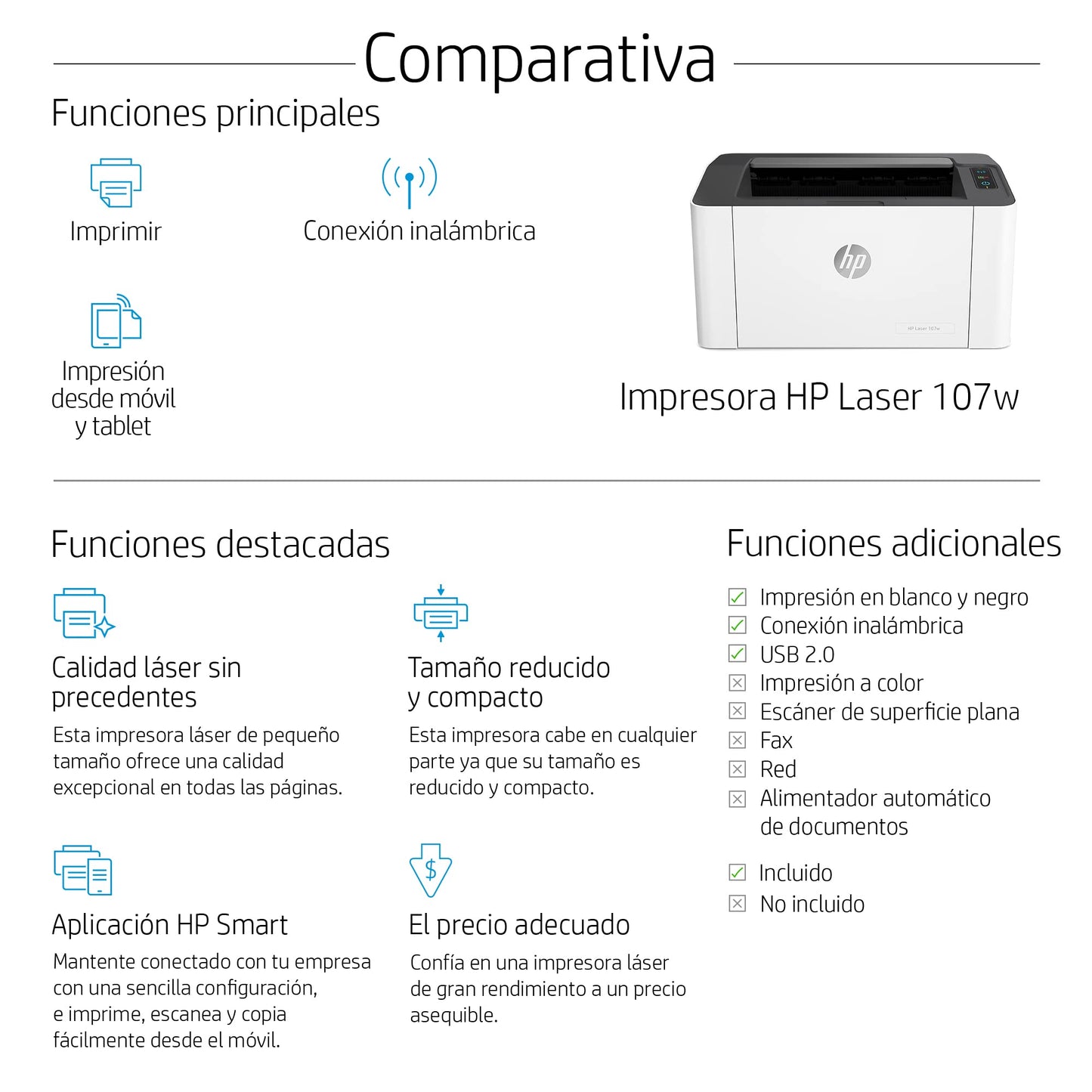 HP Impresora Laser 107w, Láser, Impresión en Negro, Wi-Fi, USB, Impresión y escanéo Smart App, Apple Air Print, Bandeja de 150 Hojas, Pantalla LED (4ZB78A)